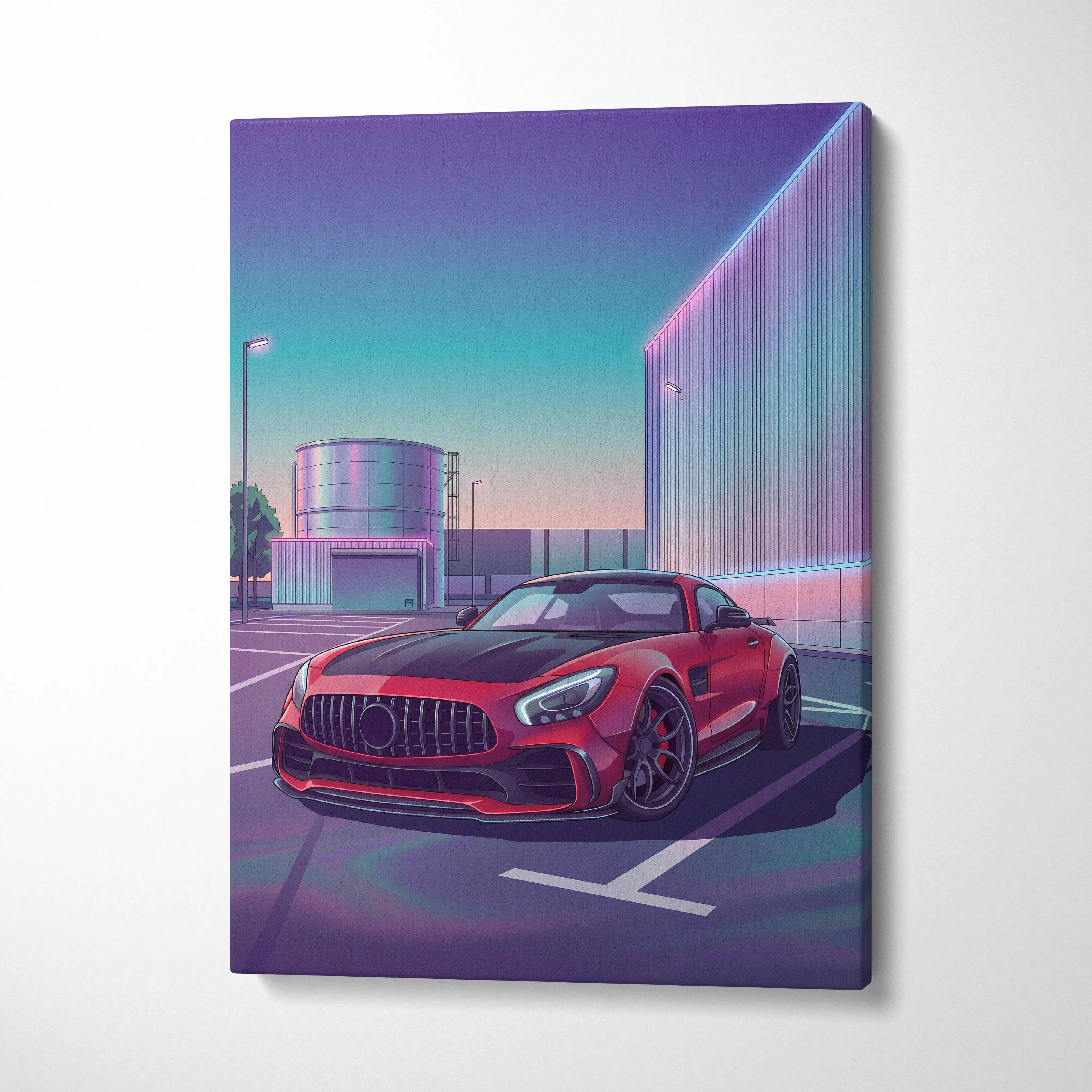 Mercedes AMG GT Inspired Red Purple Canvas Wall Art, Vaporwave Sports Car Artwork, Neon City Garage Decor, Retro Futuristic Auto Print