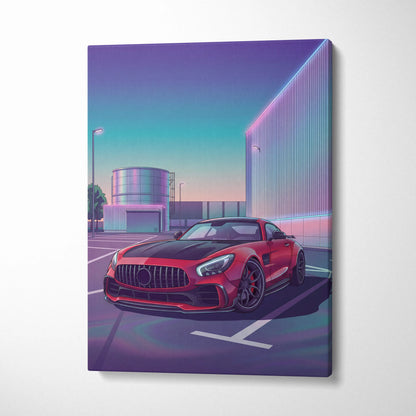Mercedes AMG GT Inspired Red Purple Canvas Wall Art, Vaporwave Sports Car Artwork, Neon City Garage Decor, Retro Futuristic Auto Print