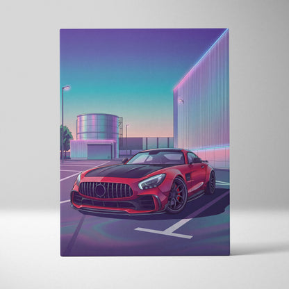 Mercedes AMG GT Inspired Red Purple Canvas Wall Art, Vaporwave Sports Car Artwork, Neon City Garage Decor, Retro Futuristic Auto Print