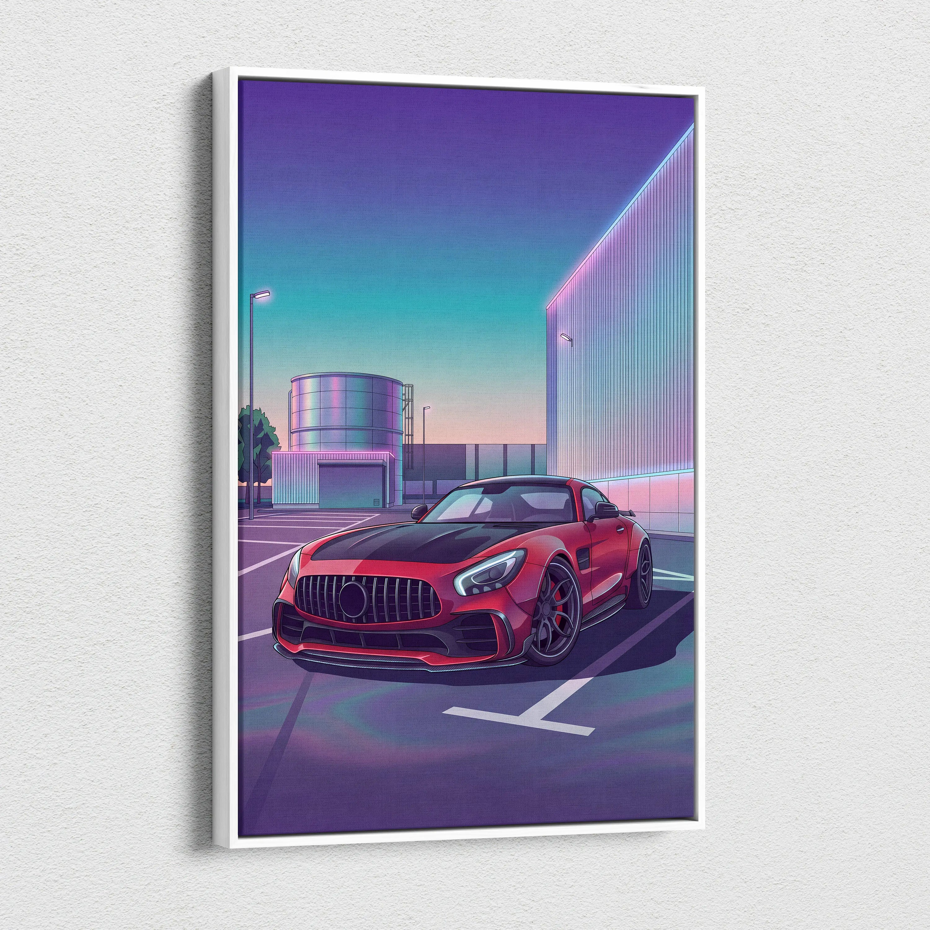 Mercedes AMG GT Inspired Red Purple Canvas Wall Art, Vaporwave Sports Car Artwork, Neon City Garage Decor, Retro Futuristic Auto Print