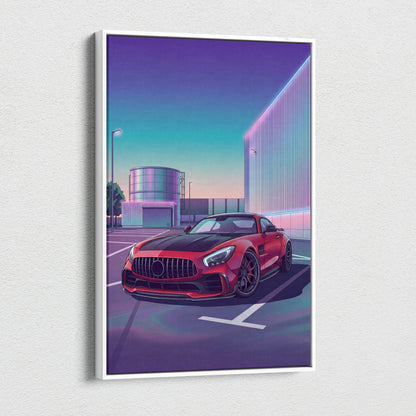Mercedes AMG GT Inspired Red Purple Canvas Wall Art, Vaporwave Sports Car Artwork, Neon City Garage Decor, Retro Futuristic Auto Print