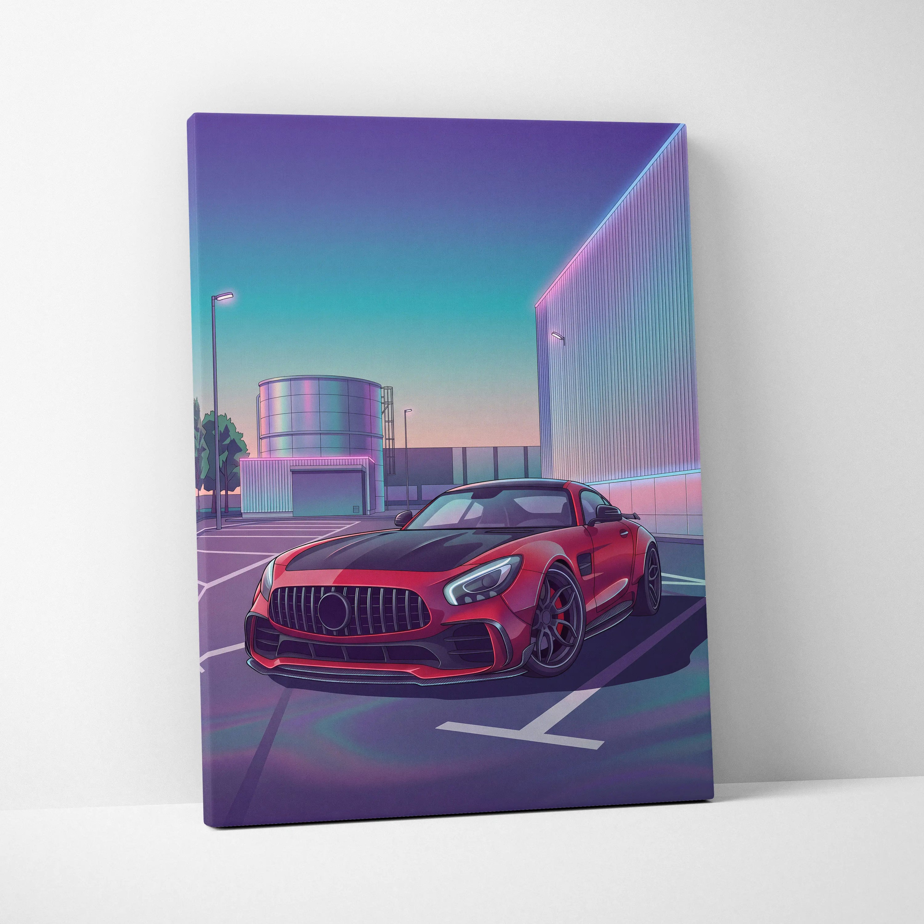 Mercedes AMG GT Inspired Red Purple Canvas Wall Art, Vaporwave Sports Car Artwork, Neon City Garage Decor, Retro Futuristic Auto Print
