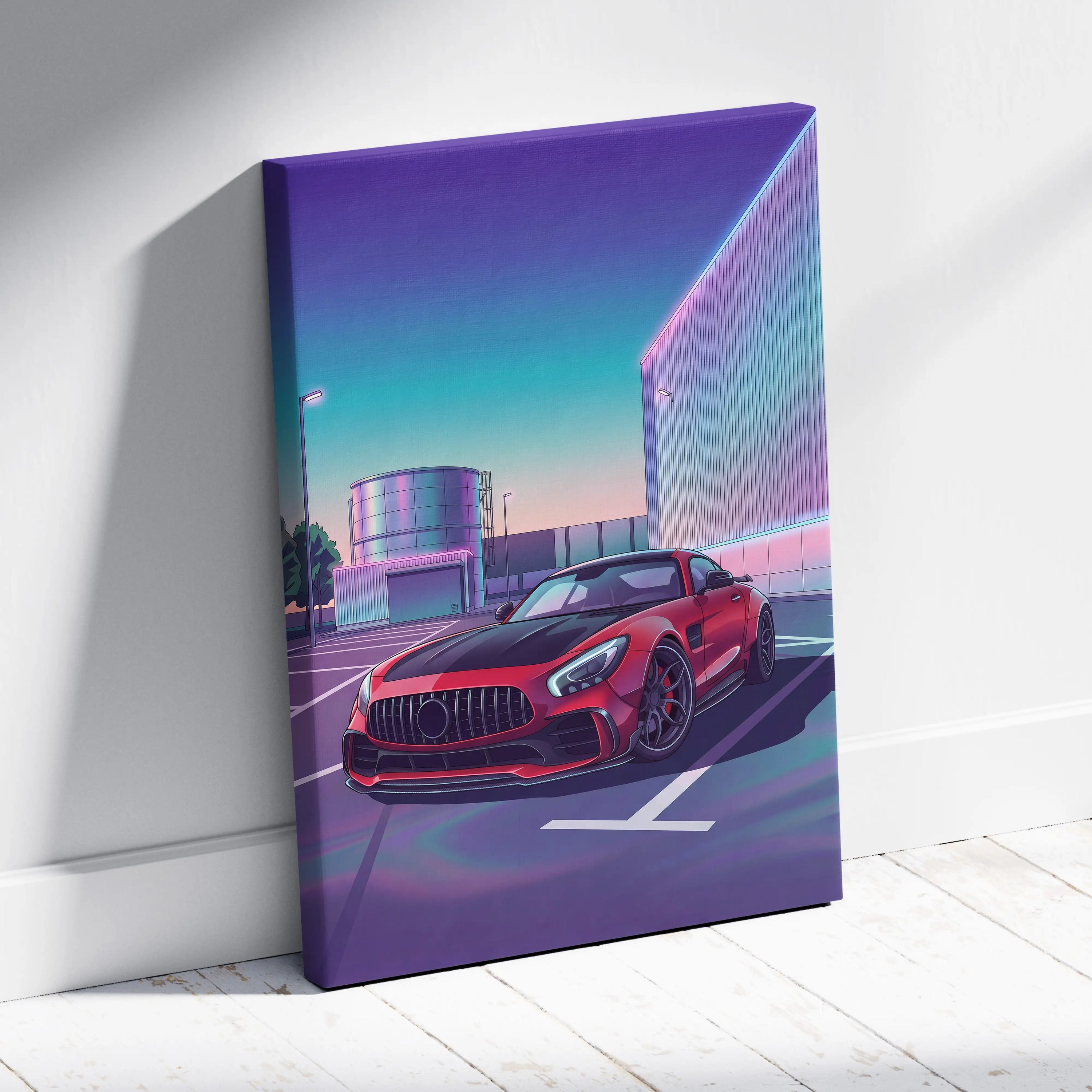 Mercedes AMG GT Inspired Red Purple Canvas Wall Art, Vaporwave Sports Car Artwork, Neon City Garage Decor, Retro Futuristic Auto Print