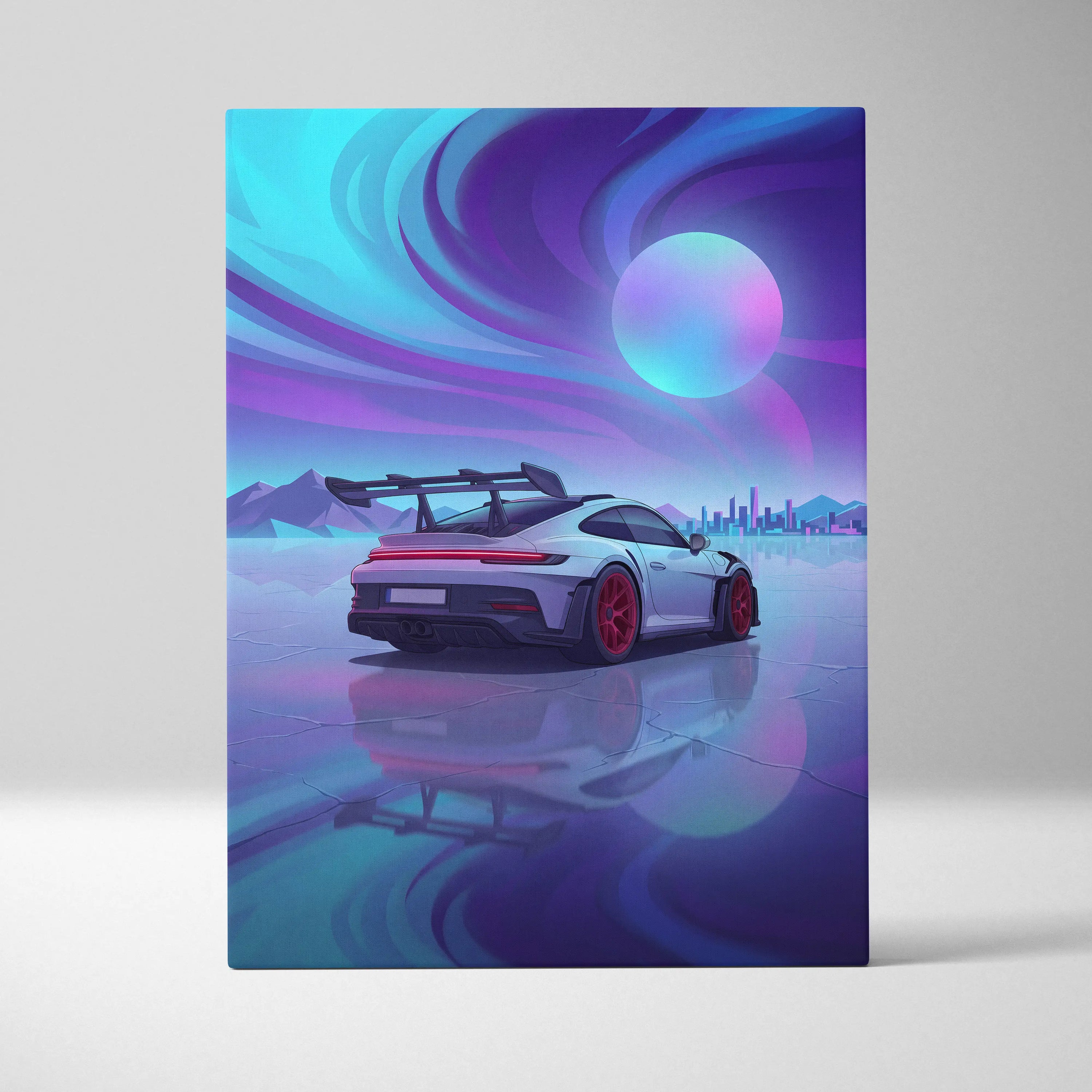 Porsche 911 GT3 RS Inspired White Blue Canvas Wall Art, Vaporwave Track Car Artwork, Neon Sunset Garage Decor, Retro Futuristic Motorsport Print