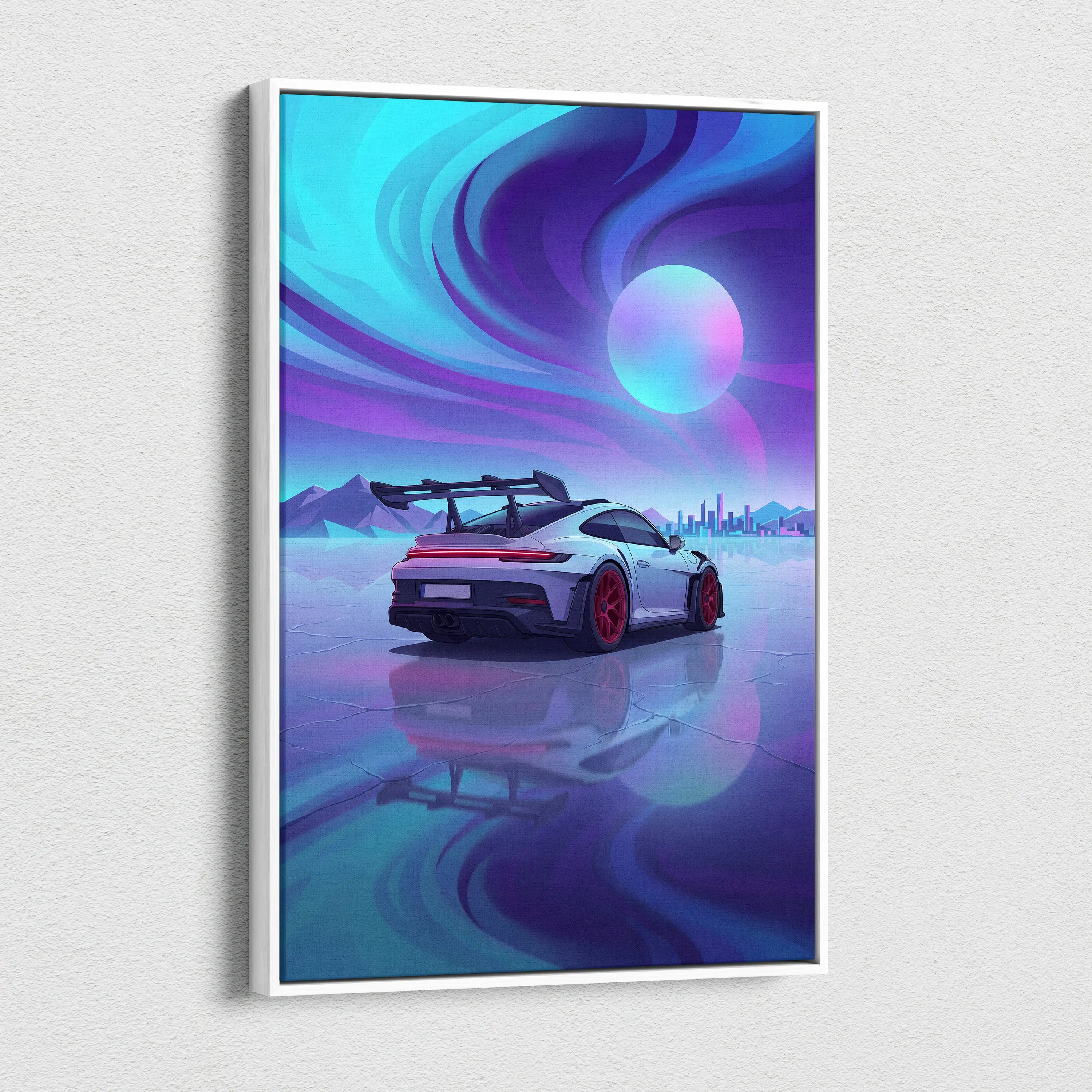 Porsche 911 GT3 RS Inspired White Blue Canvas Wall Art, Vaporwave Track Car Artwork, Neon Sunset Garage Decor, Retro Futuristic Motorsport Print