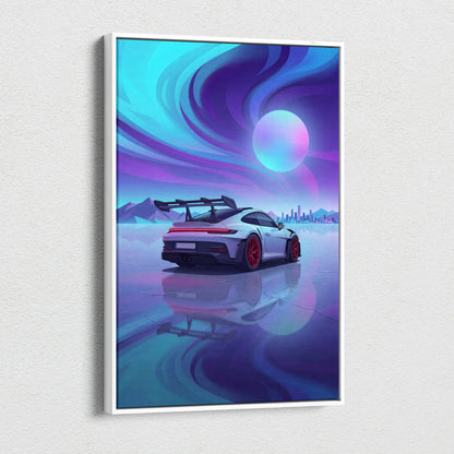 Porsche 911 GT3 RS Inspired White Blue Canvas Wall Art, Vaporwave Track Car Artwork, Neon Sunset Garage Decor, Retro Futuristic Motorsport Print