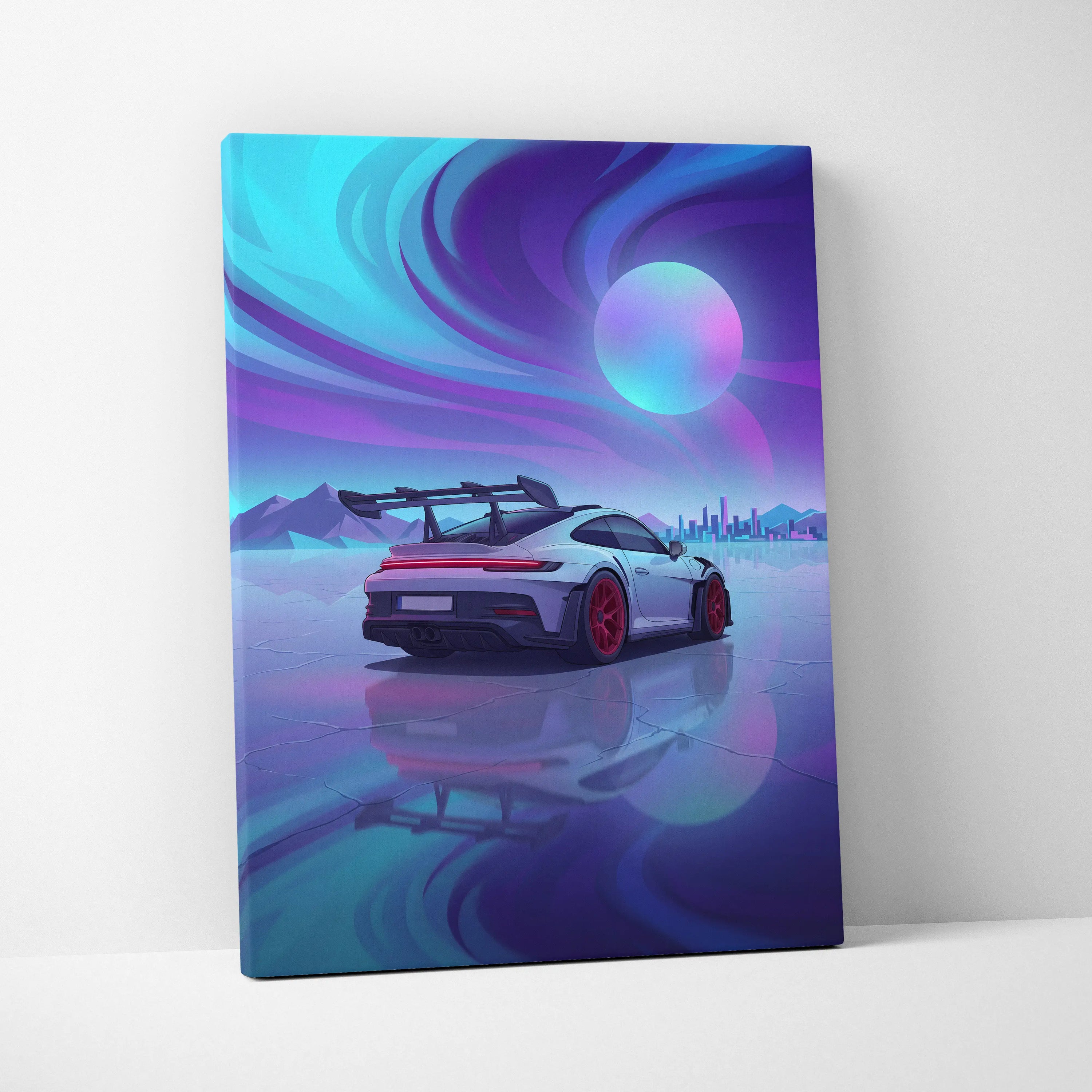 Porsche 911 GT3 RS Inspired White Blue Canvas Wall Art, Vaporwave Track Car Artwork, Neon Sunset Garage Decor, Retro Futuristic Motorsport Print