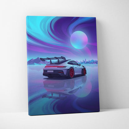 Porsche 911 GT3 RS Inspired White Blue Canvas Wall Art, Vaporwave Track Car Artwork, Neon Sunset Garage Decor, Retro Futuristic Motorsport Print