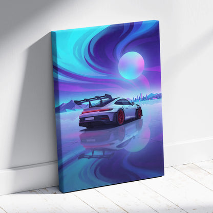 Porsche 911 GT3 RS Inspired White Blue Canvas Wall Art, Vaporwave Track Car Artwork, Neon Sunset Garage Decor, Retro Futuristic Motorsport Print
