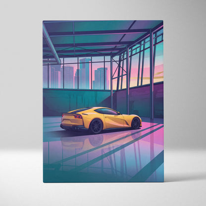 Ferrari 812 Superfast Inspired Yellow Teal Canvas Wall Art Vaporwave Supercar Artwork Neon Garage Decor Retro Futuristic City Print