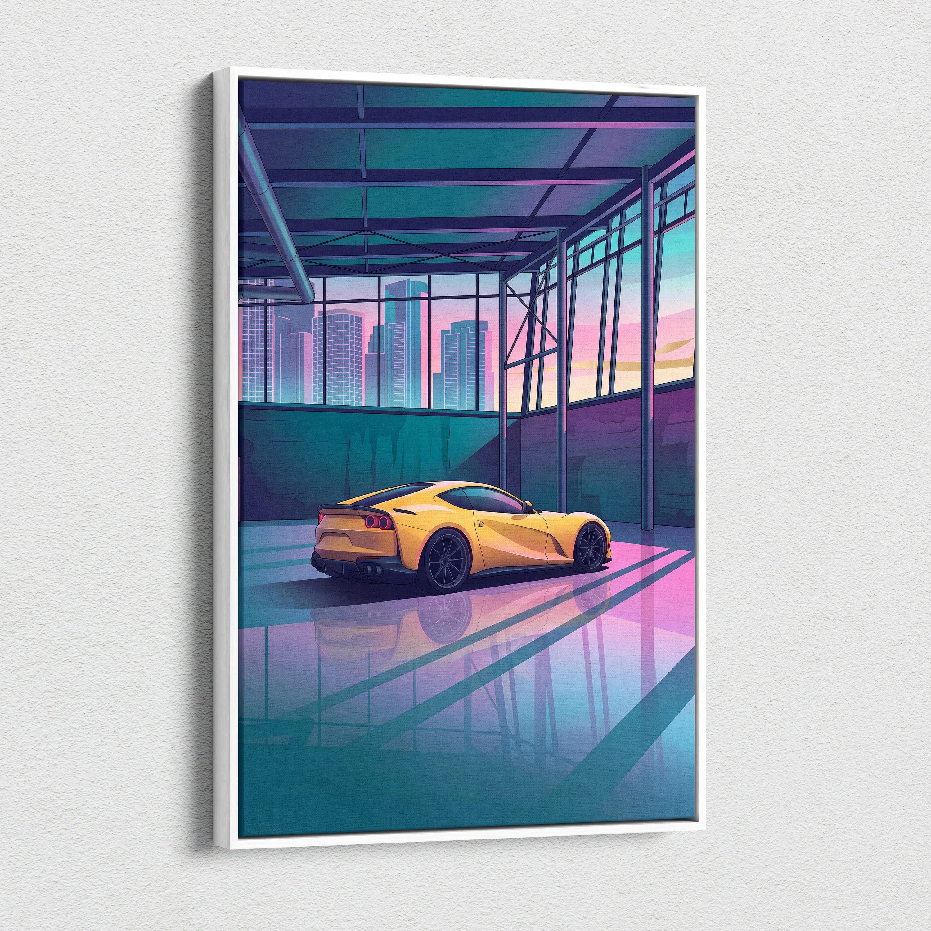 Ferrari 812 Superfast Inspired Yellow Teal Canvas Wall Art Vaporwave Supercar Artwork Neon Garage Decor Retro Futuristic City Print