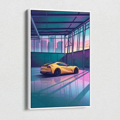 Ferrari 812 Superfast Inspired Yellow Teal Canvas Wall Art Vaporwave Supercar Artwork Neon Garage Decor Retro Futuristic City Print