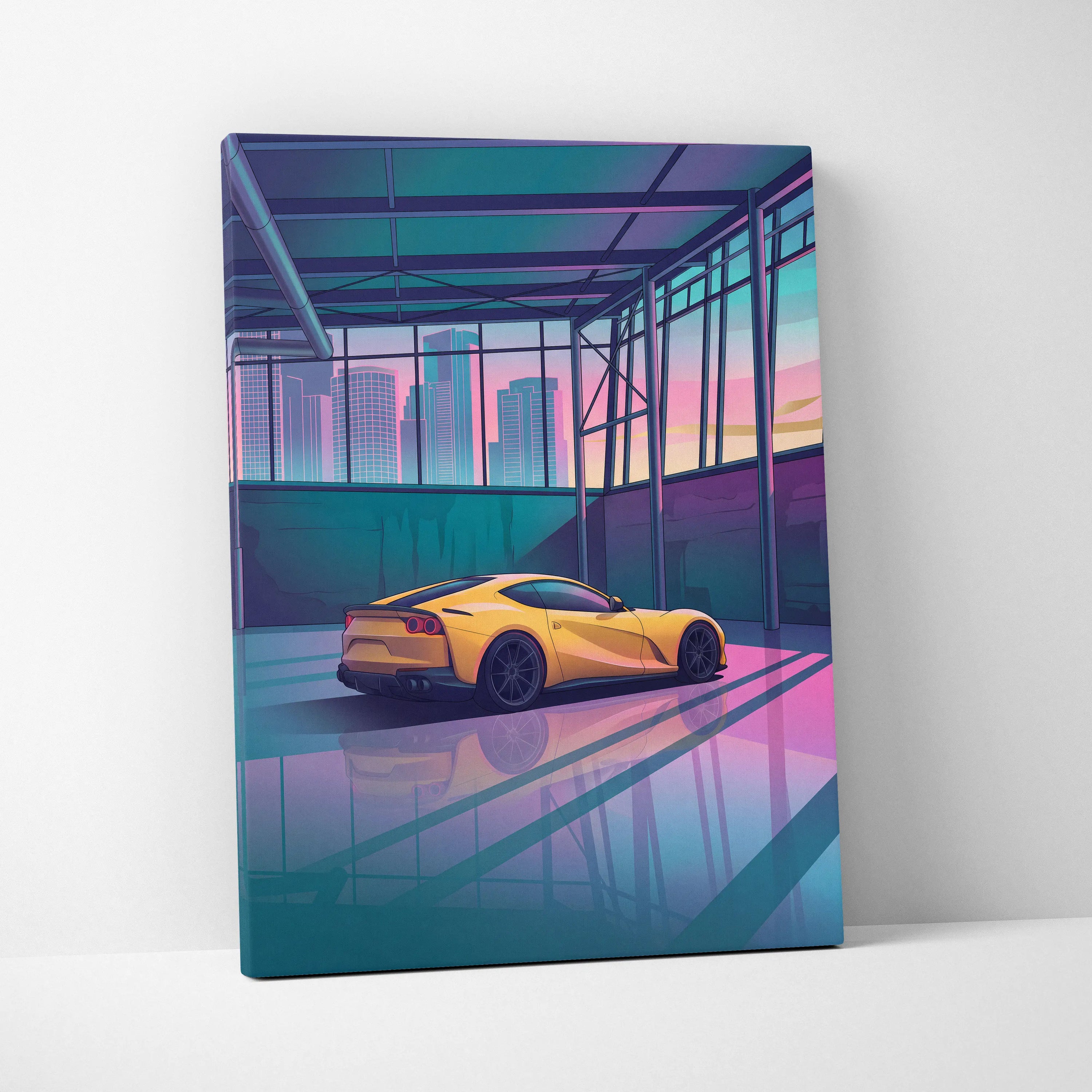 Ferrari 812 Superfast Inspired Yellow Teal Canvas Wall Art Vaporwave Supercar Artwork Neon Garage Decor Retro Futuristic City Print