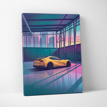 Ferrari 812 Superfast Inspired Yellow Teal Canvas Wall Art Vaporwave Supercar Artwork Neon Garage Decor Retro Futuristic City Print