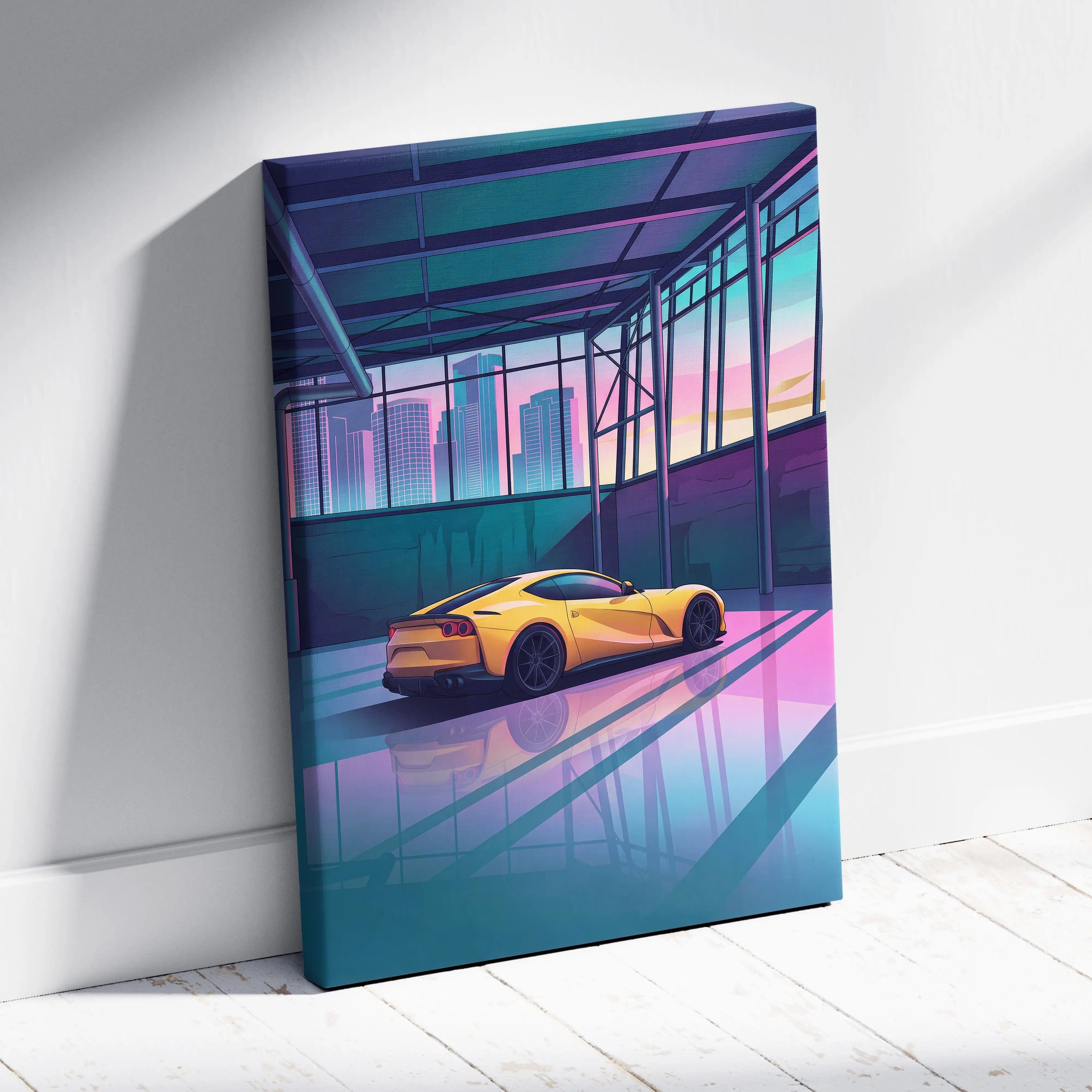 Ferrari 812 Superfast Inspired Yellow Teal Canvas Wall Art Vaporwave Supercar Artwork Neon Garage Decor Retro Futuristic City Print