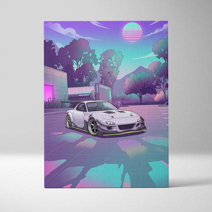 Mazda RX-7 Inspired White Purple Canvas Wall Art, Vaporwave JDM Sports Car Artwork, Neon Mountain Garage Decor, Retro Futuristic Auto Print