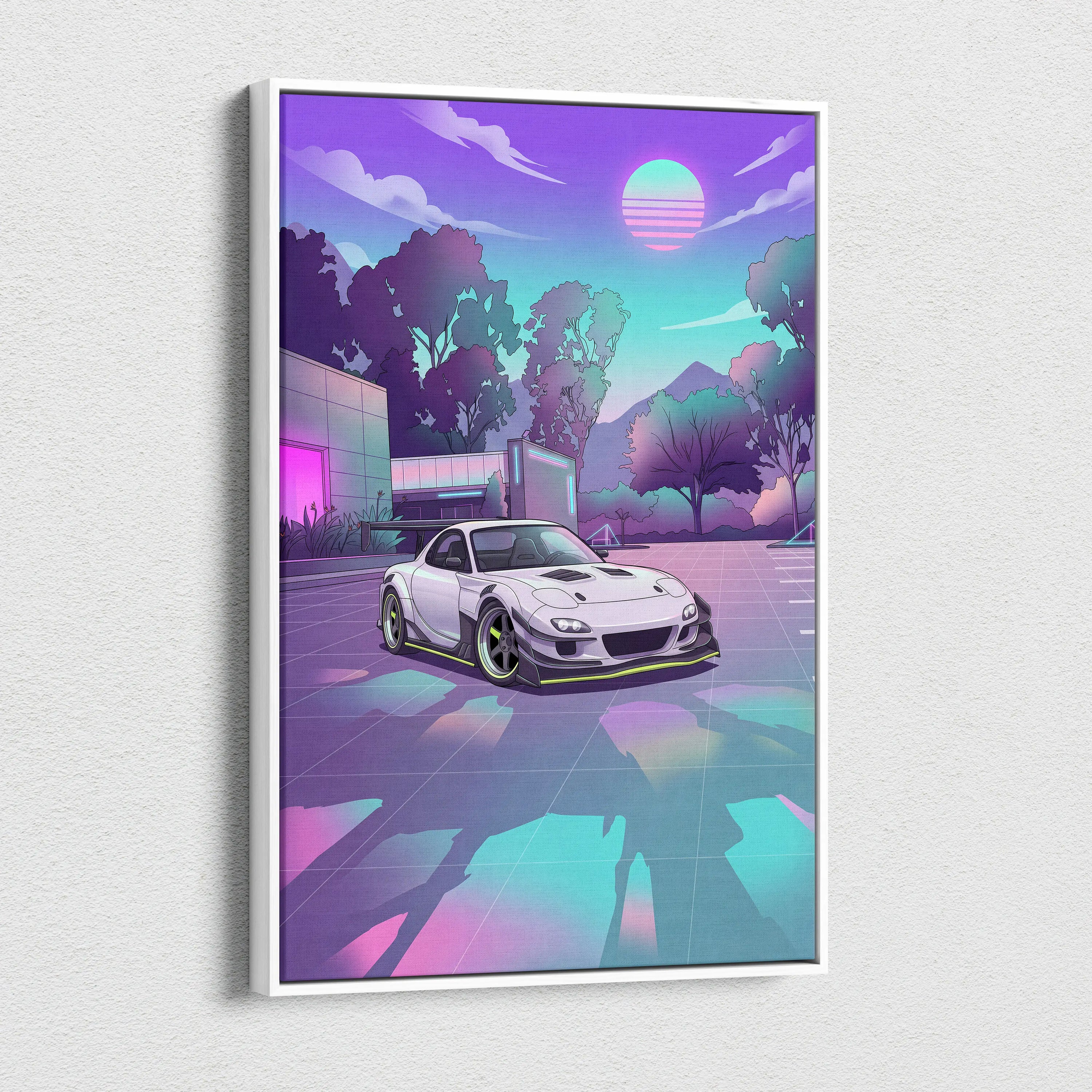 Mazda RX-7 Inspired White Purple Canvas Wall Art, Vaporwave JDM Sports Car Artwork, Neon Mountain Garage Decor, Retro Futuristic Auto Print
