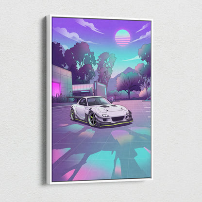Mazda RX-7 Inspired White Purple Canvas Wall Art, Vaporwave JDM Sports Car Artwork, Neon Mountain Garage Decor, Retro Futuristic Auto Print