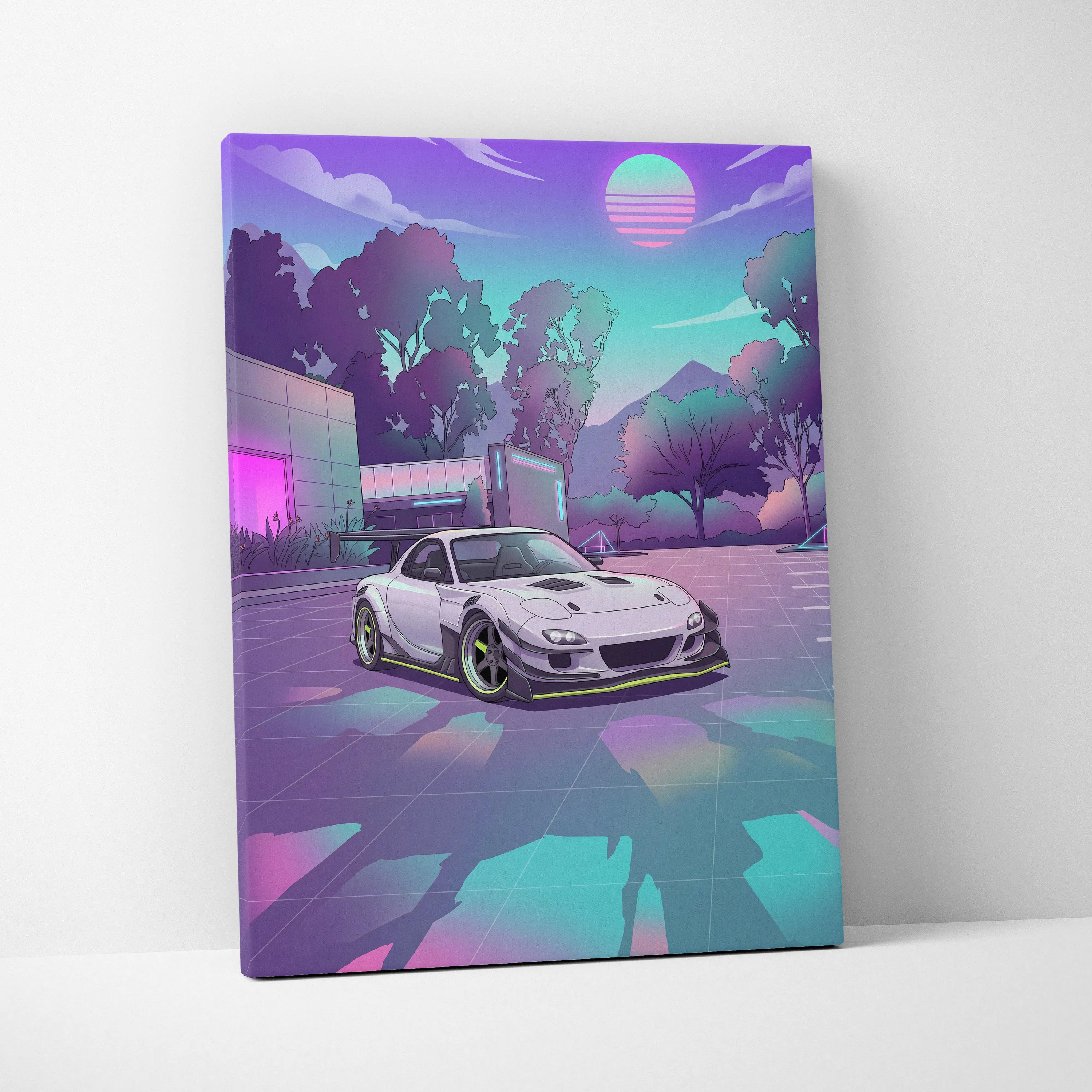 Mazda RX-7 Inspired White Purple Canvas Wall Art, Vaporwave JDM Sports Car Artwork, Neon Mountain Garage Decor, Retro Futuristic Auto Print