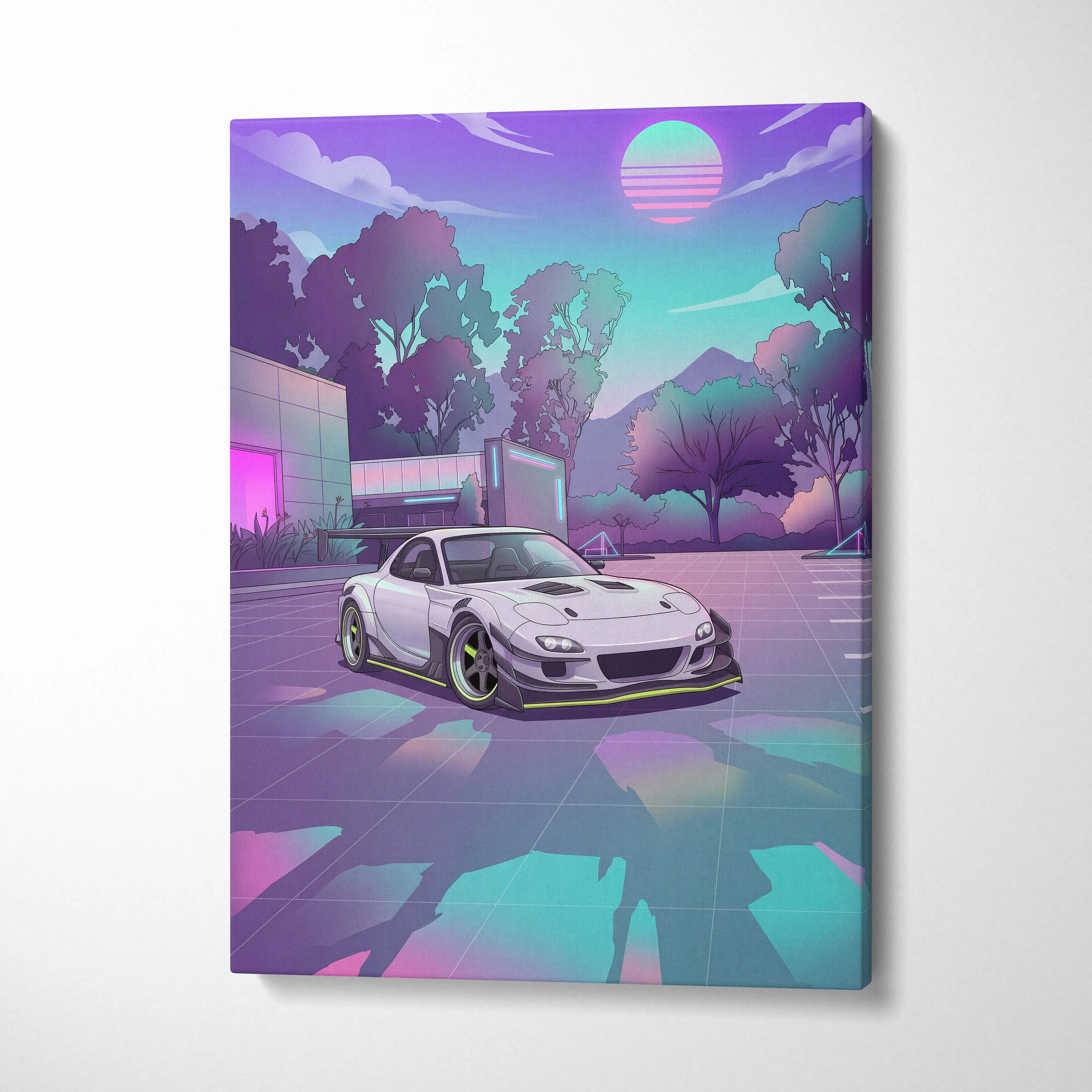 Mazda RX-7 Inspired White Purple Canvas Wall Art, Vaporwave JDM Sports Car Artwork, Neon Mountain Garage Decor, Retro Futuristic Auto Print