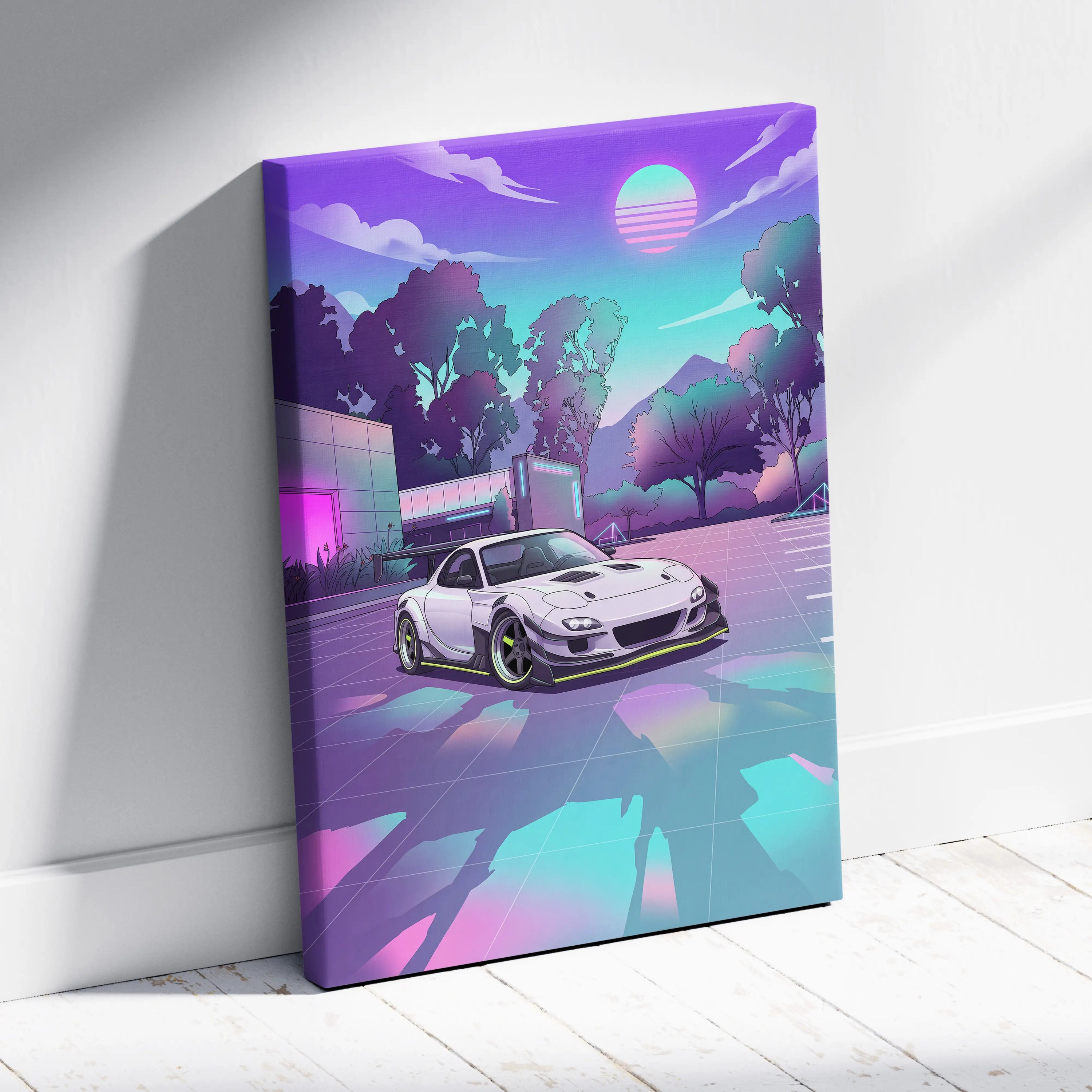 Mazda RX-7 Inspired White Purple Canvas Wall Art, Vaporwave JDM Sports Car Artwork, Neon Mountain Garage Decor, Retro Futuristic Auto Print