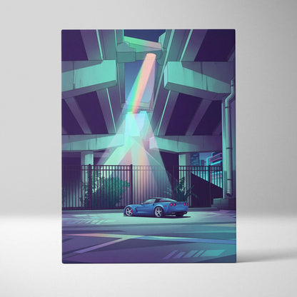 Chevrolet Corvette Inspired Blue Purple Canvas Wall Art, Vaporwave Sports Car Artwork, Neon Underpass Garage Decor, Retro Futuristic Print