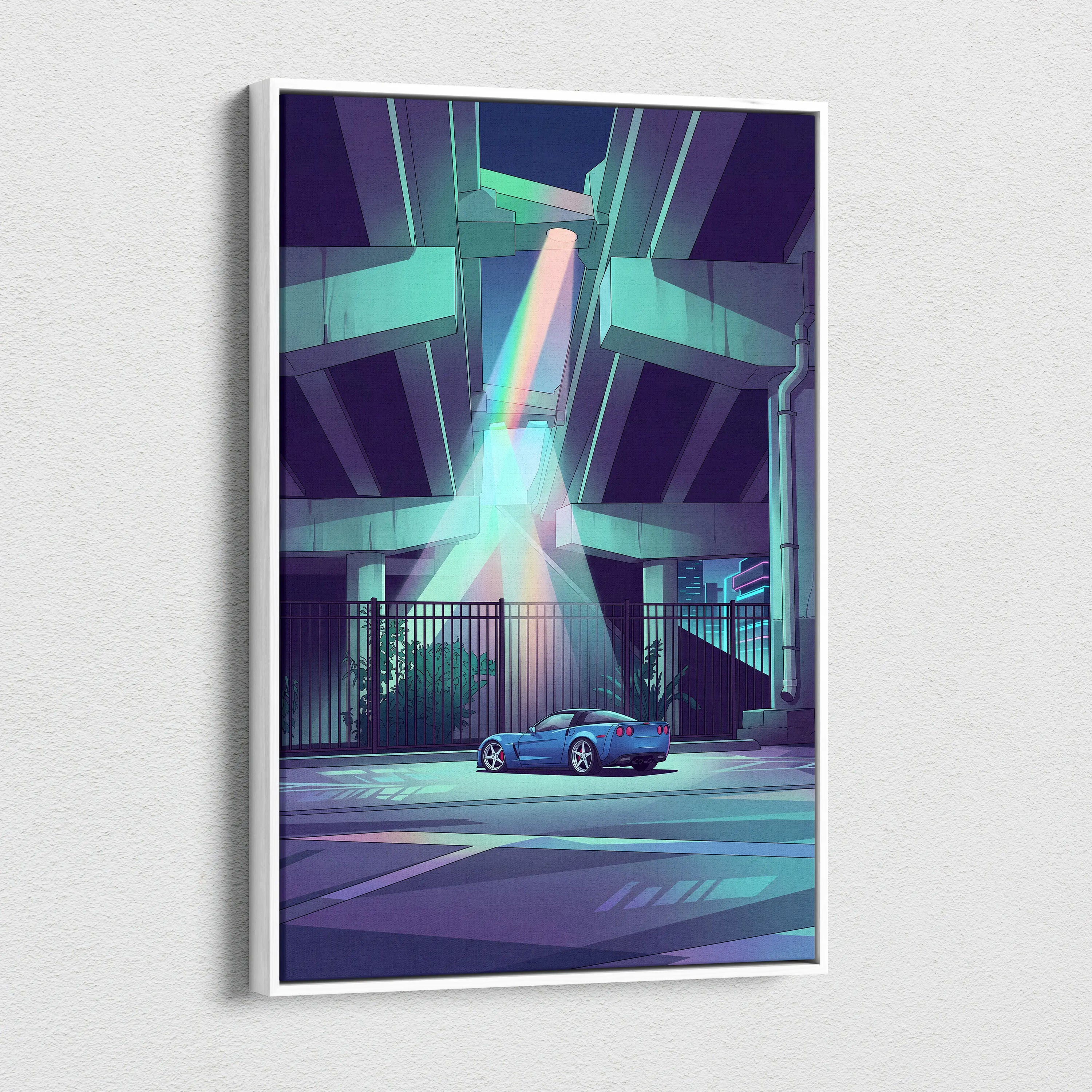 Chevrolet Corvette Inspired Blue Purple Canvas Wall Art, Vaporwave Sports Car Artwork, Neon Underpass Garage Decor, Retro Futuristic Print