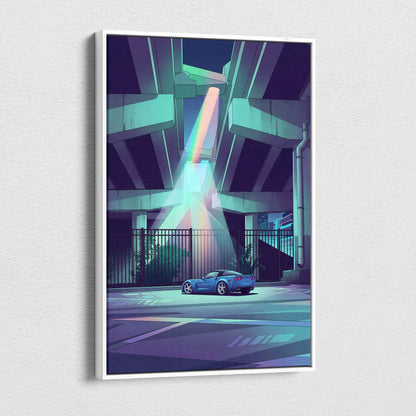 Chevrolet Corvette Inspired Blue Purple Canvas Wall Art, Vaporwave Sports Car Artwork, Neon Underpass Garage Decor, Retro Futuristic Print