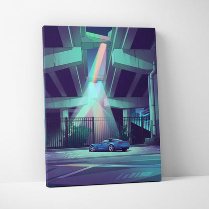 Chevrolet Corvette Inspired Blue Purple Canvas Wall Art, Vaporwave Sports Car Artwork, Neon Underpass Garage Decor, Retro Futuristic Print