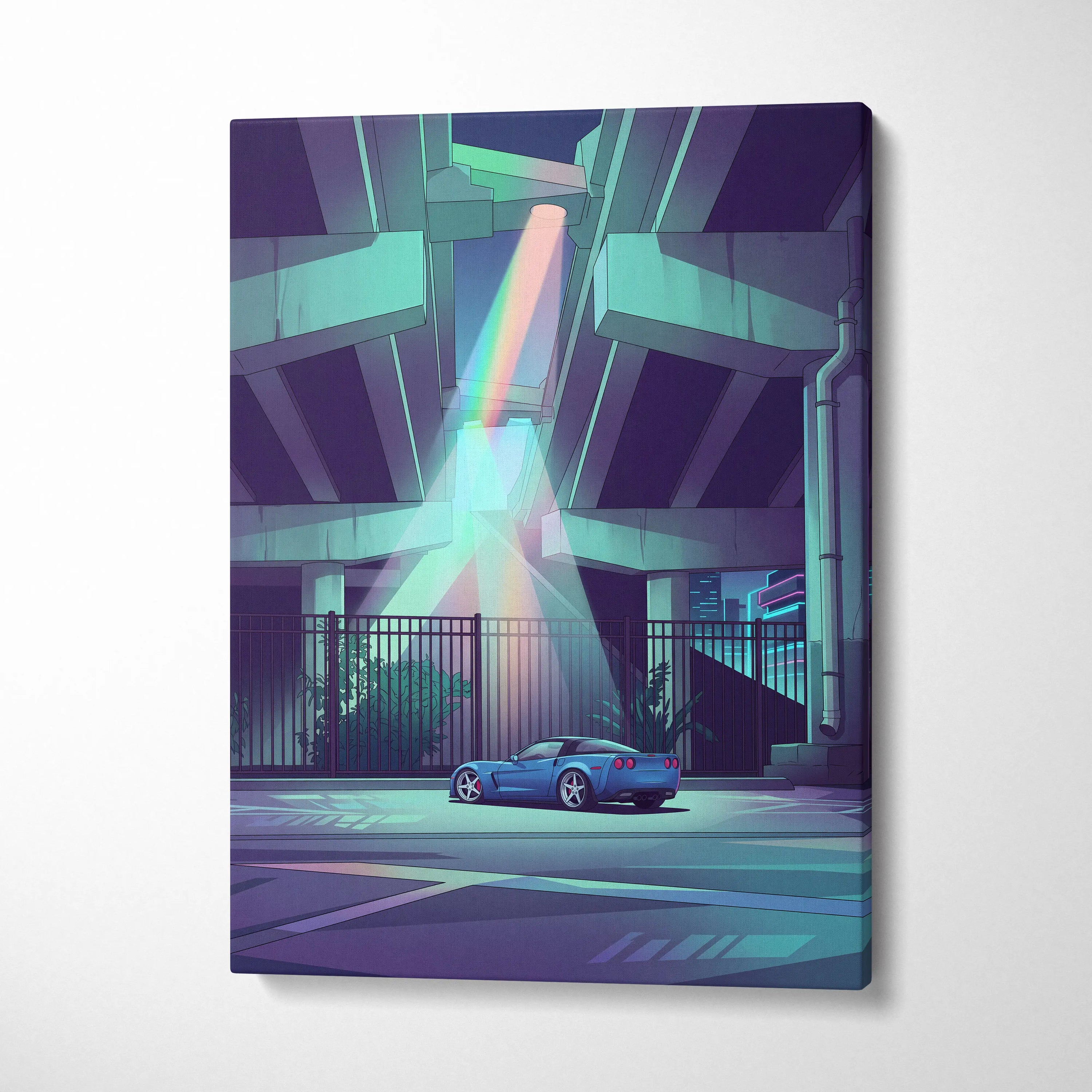 Chevrolet Corvette Inspired Blue Purple Canvas Wall Art, Vaporwave Sports Car Artwork, Neon Underpass Garage Decor, Retro Futuristic Print