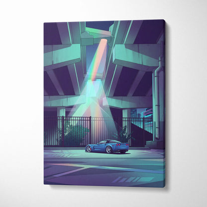 Chevrolet Corvette Inspired Blue Purple Canvas Wall Art, Vaporwave Sports Car Artwork, Neon Underpass Garage Decor, Retro Futuristic Print