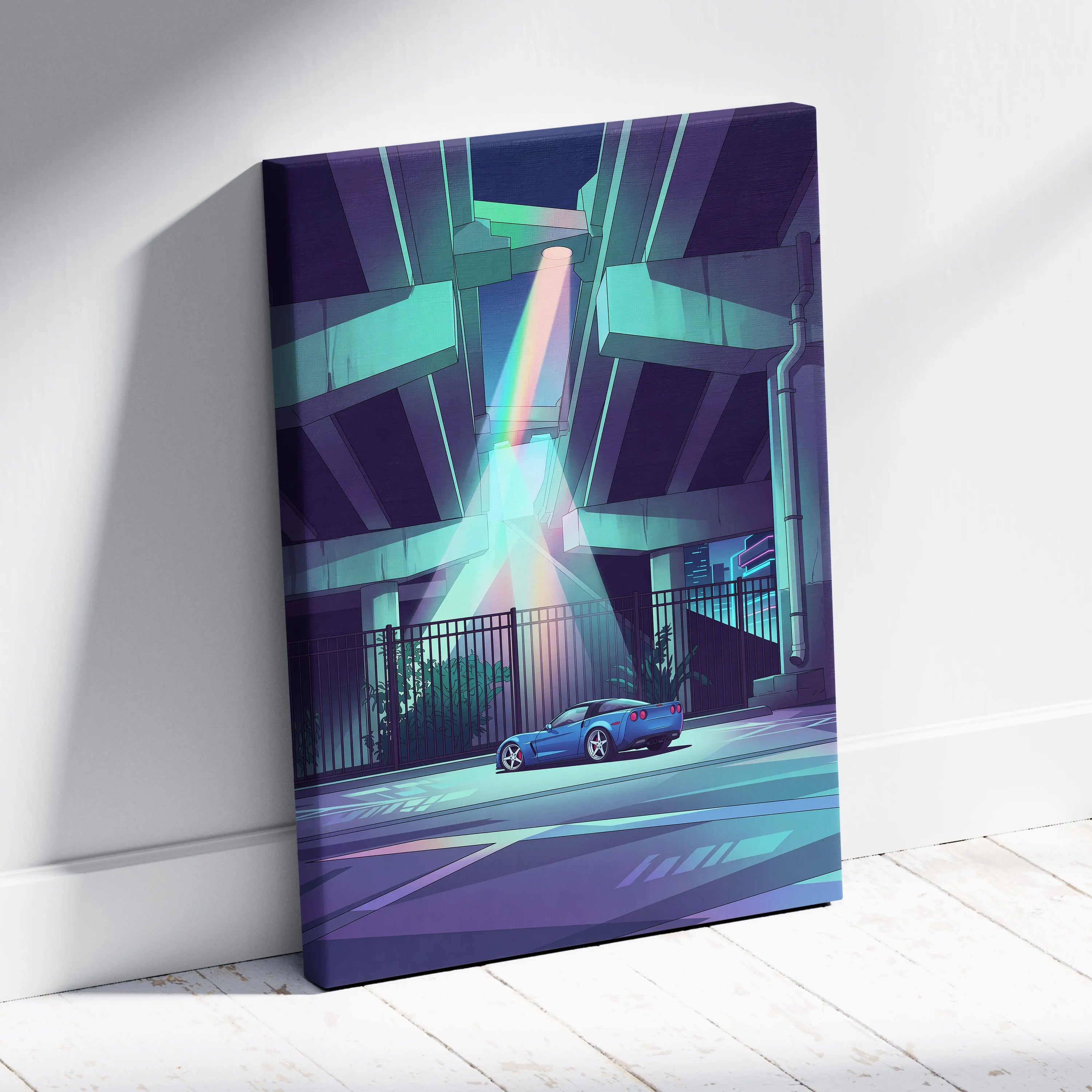 Chevrolet Corvette Inspired Blue Purple Canvas Wall Art, Vaporwave Sports Car Artwork, Neon Underpass Garage Decor, Retro Futuristic Print