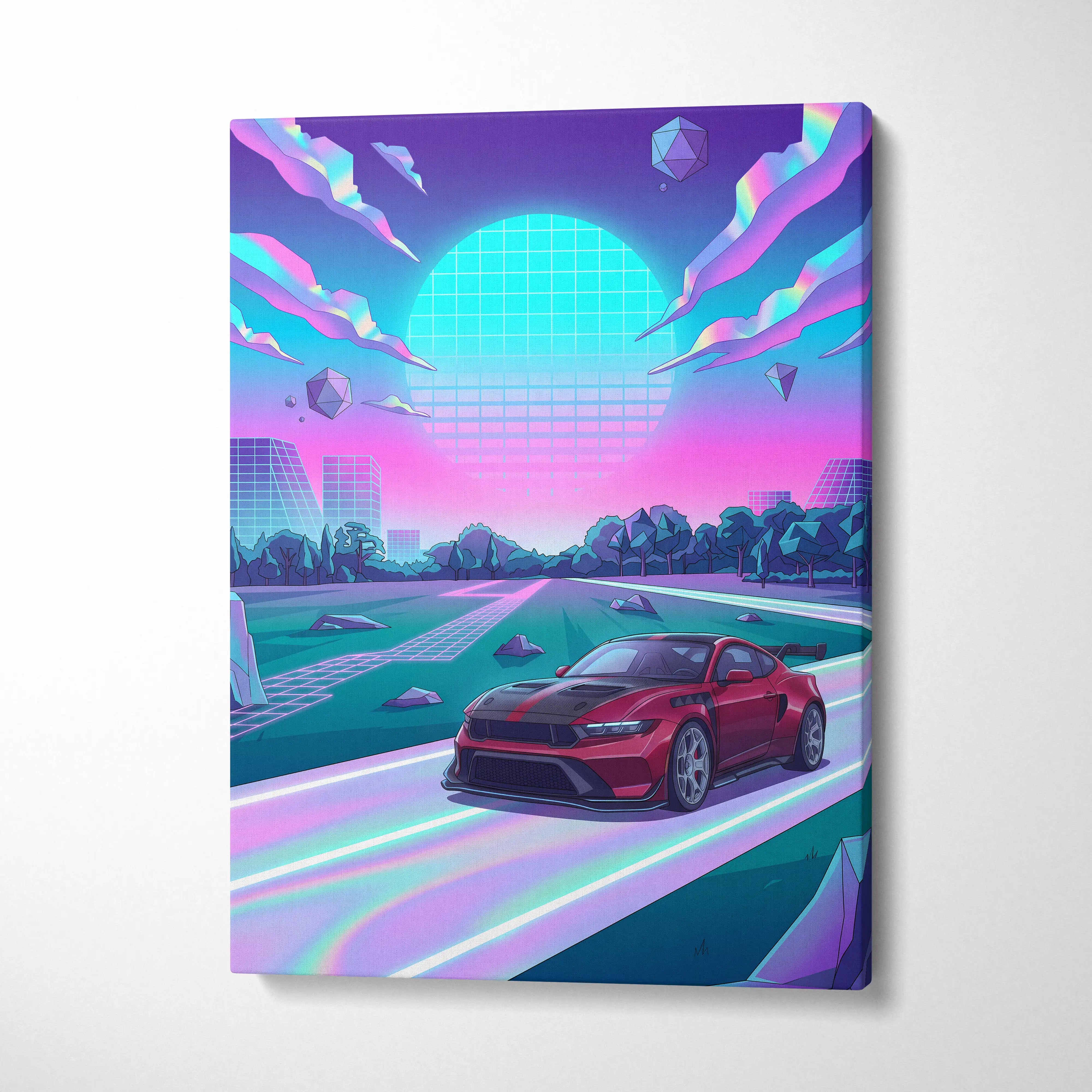 Ford Mustang GTD Inspired Red Purple Canvas Wall Art, Vaporwave Muscle Car Artwork, Neon Futuristic Garage Decor, Retro Track Car Print