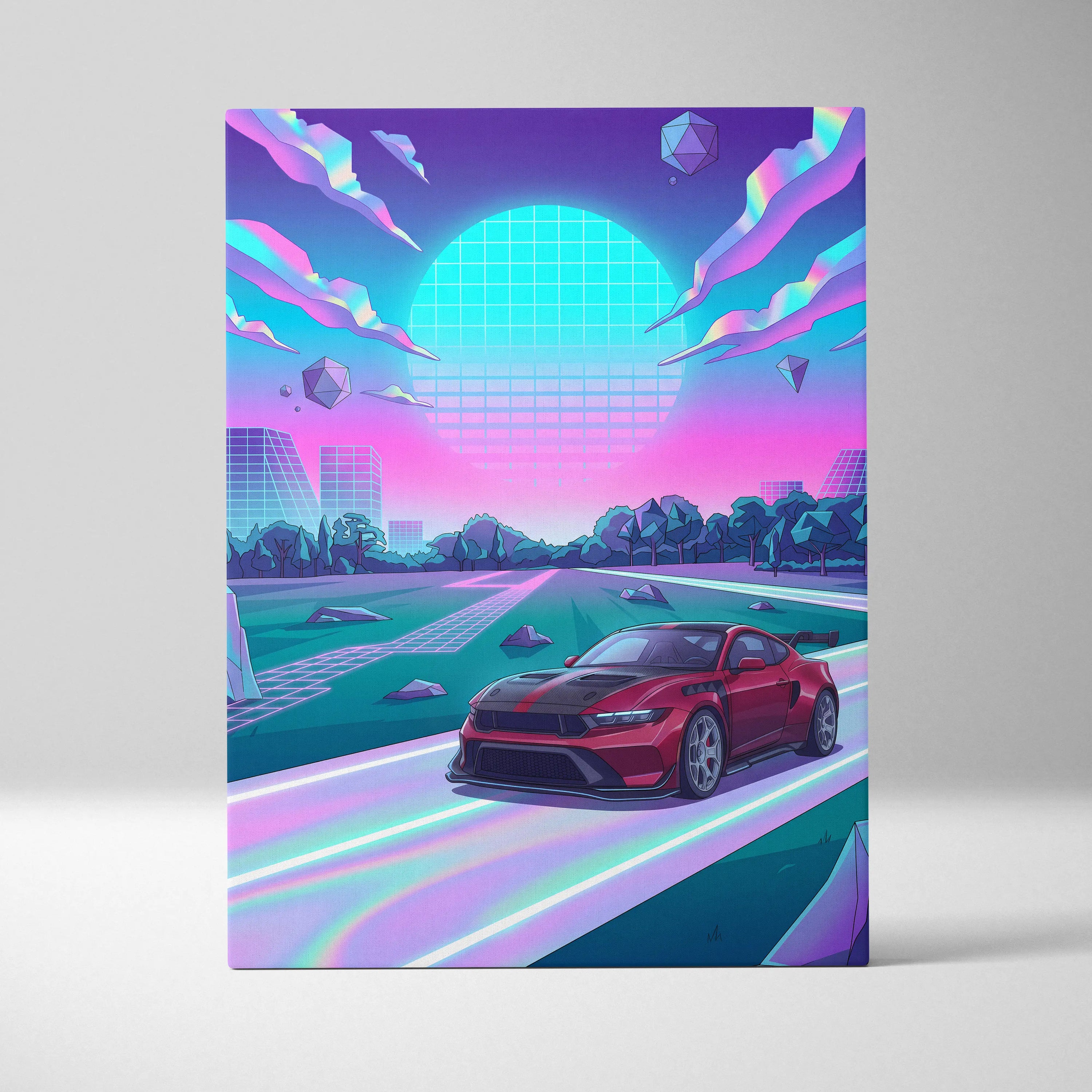 Ford Mustang GTD Inspired Red Purple Canvas Wall Art, Vaporwave Muscle Car Artwork, Neon Futuristic Garage Decor, Retro Track Car Print
