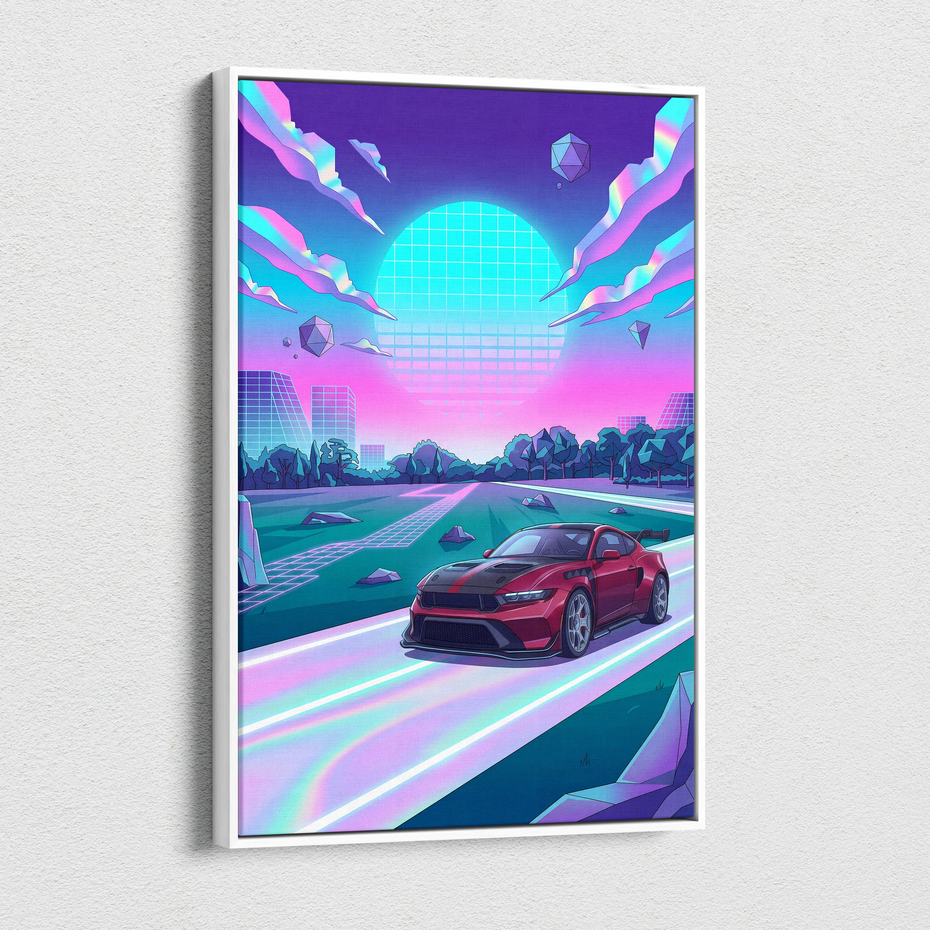 Ford Mustang GTD Inspired Red Purple Canvas Wall Art, Vaporwave Muscle Car Artwork, Neon Futuristic Garage Decor, Retro Track Car Print