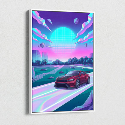 Ford Mustang GTD Inspired Red Purple Canvas Wall Art, Vaporwave Muscle Car Artwork, Neon Futuristic Garage Decor, Retro Track Car Print
