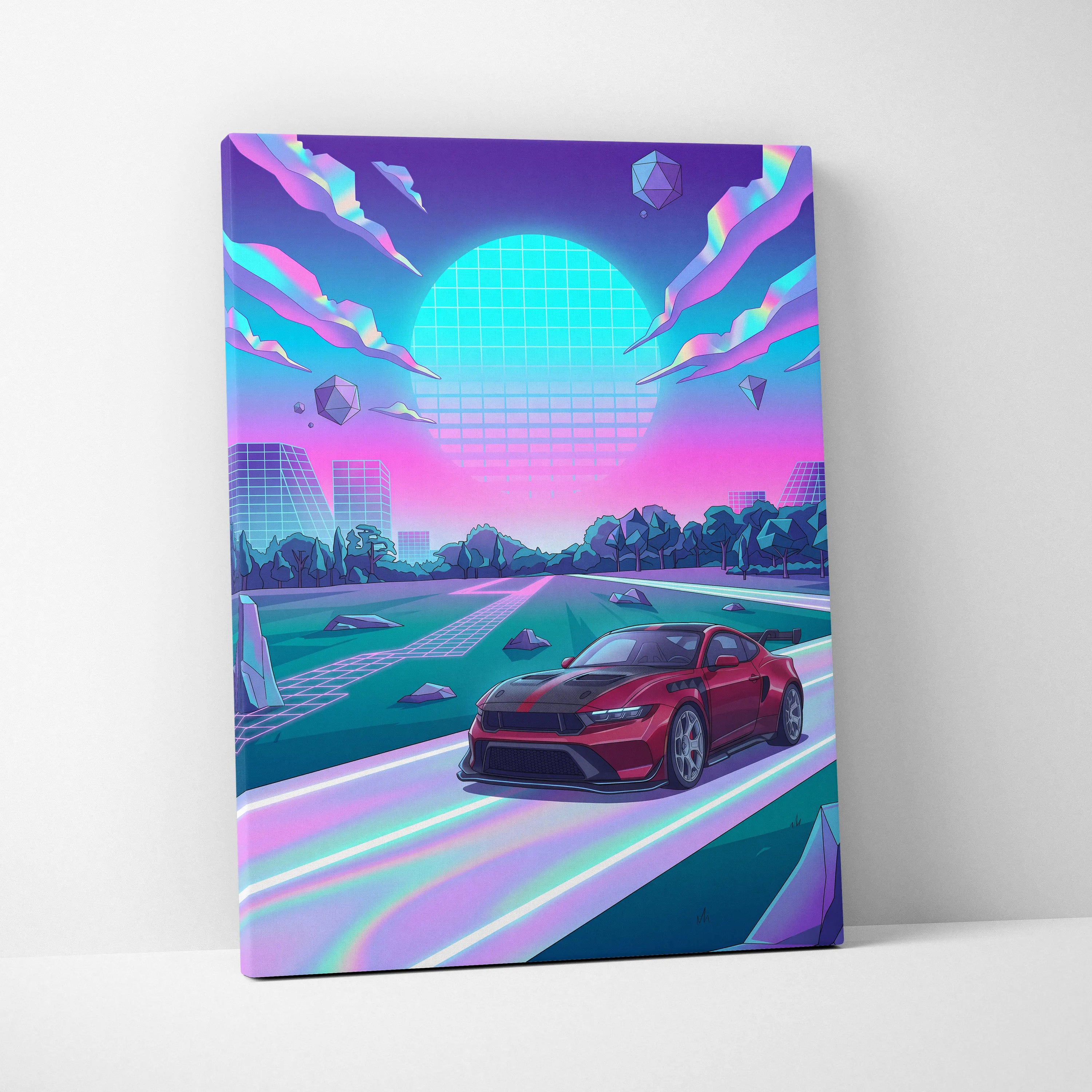 Ford Mustang GTD Inspired Red Purple Canvas Wall Art, Vaporwave Muscle Car Artwork, Neon Futuristic Garage Decor, Retro Track Car Print