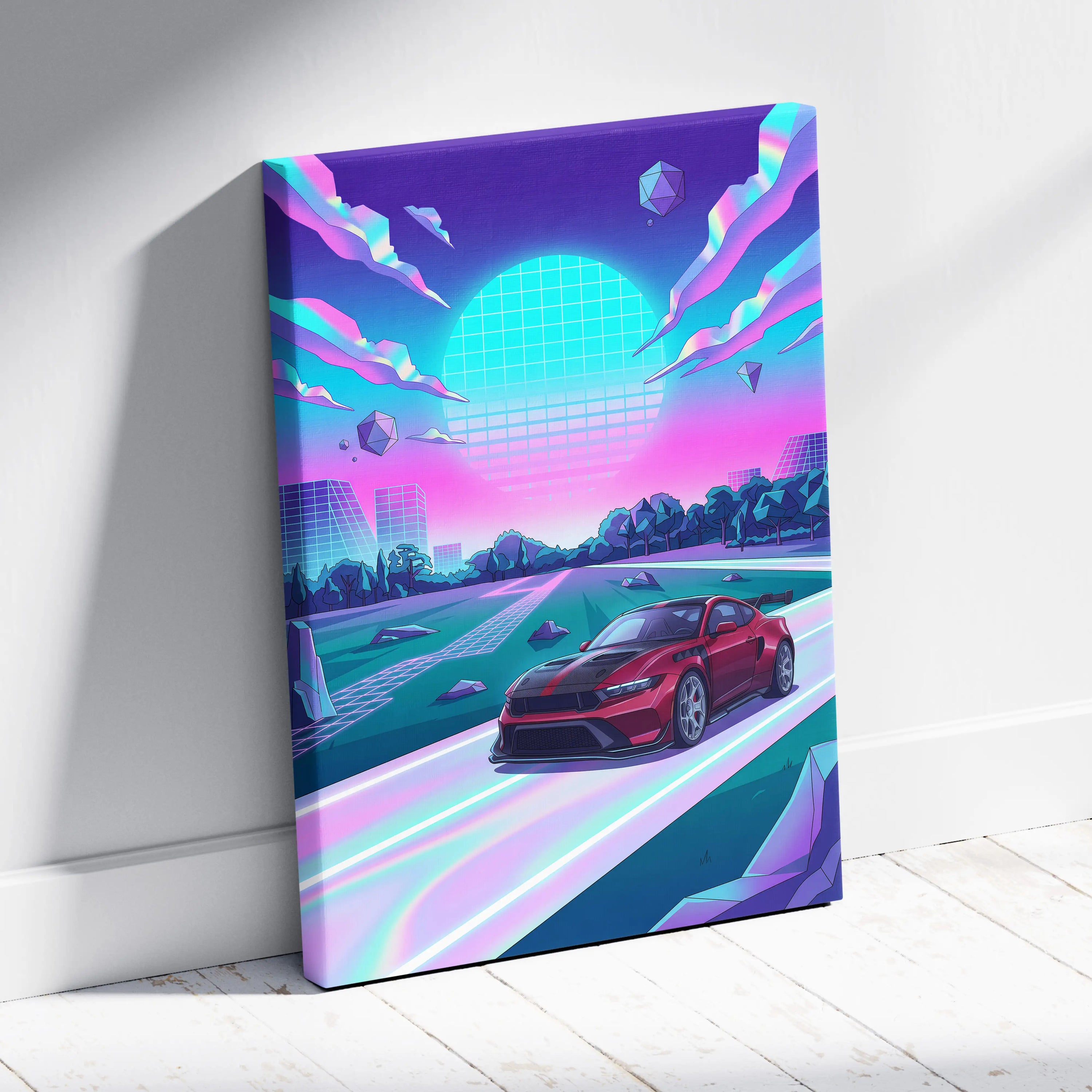 Ford Mustang GTD Inspired Red Purple Canvas Wall Art, Vaporwave Muscle Car Artwork, Neon Futuristic Garage Decor, Retro Track Car Print