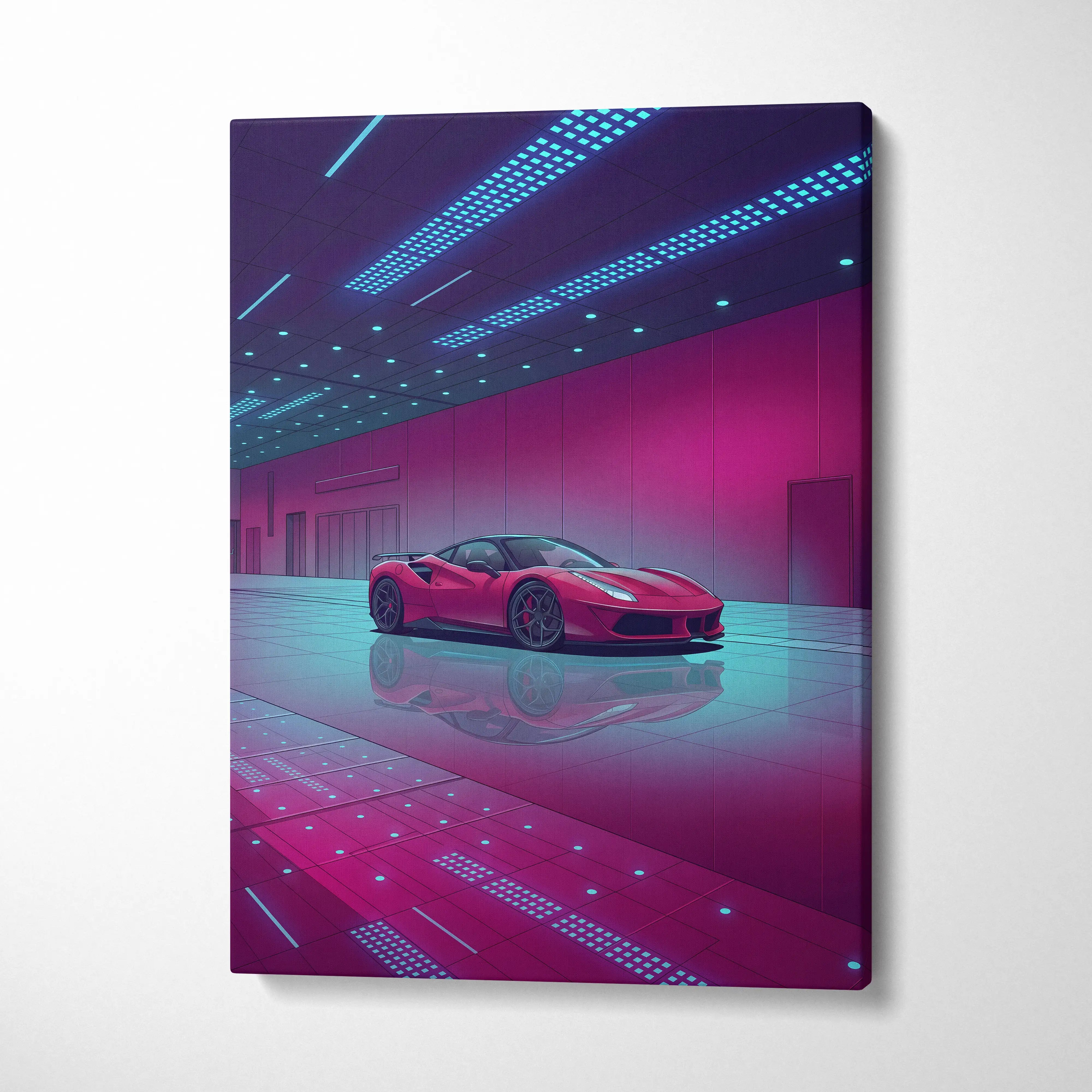Ferrari 458 Italia Inspired Red Purple Canvas Wall Art, Vaporwave Supercar Artwork, Neon Garage Decor, Retro Futuristic Exotic Print