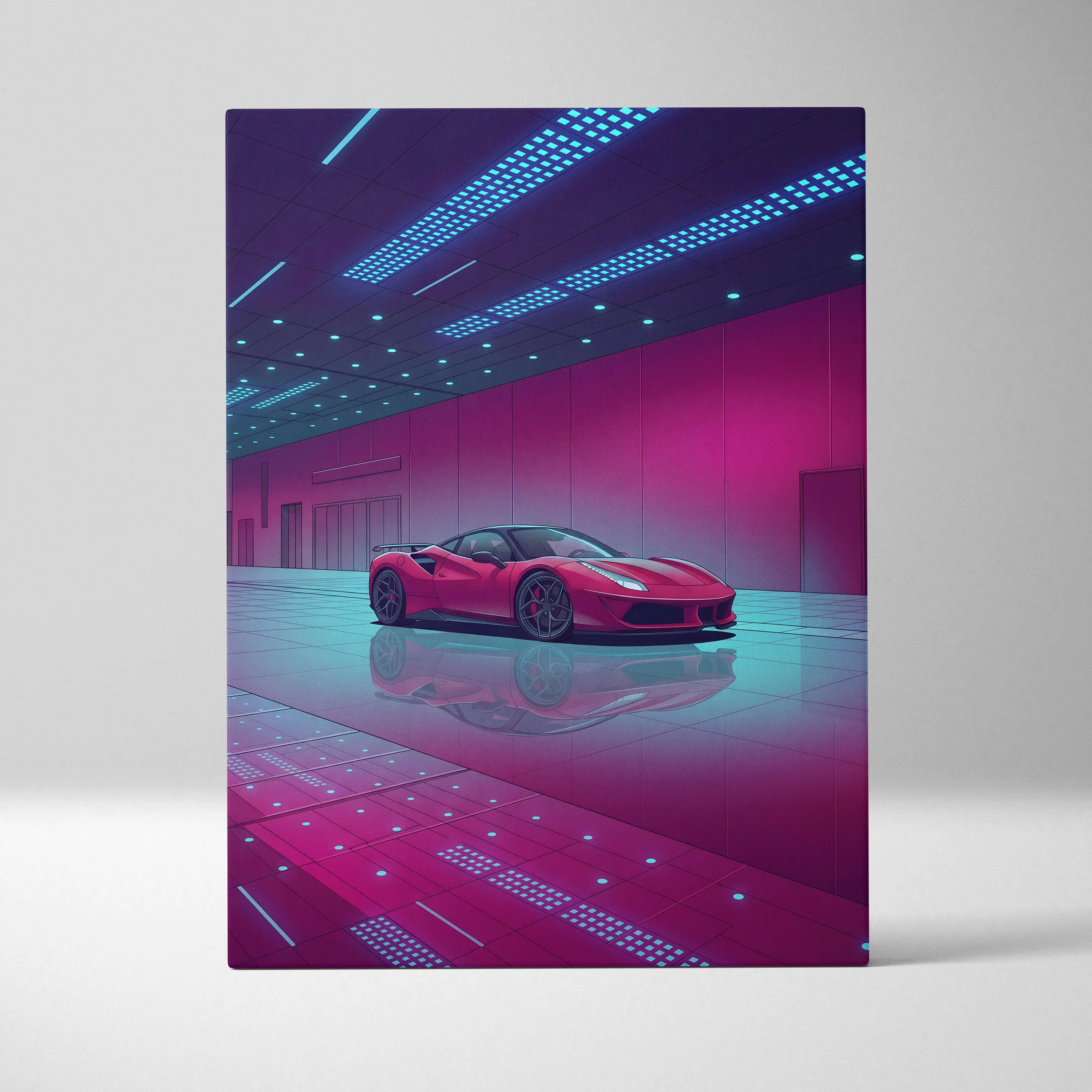 Ferrari 458 Italia Inspired Red Purple Canvas Wall Art, Vaporwave Supercar Artwork, Neon Garage Decor, Retro Futuristic Exotic Print