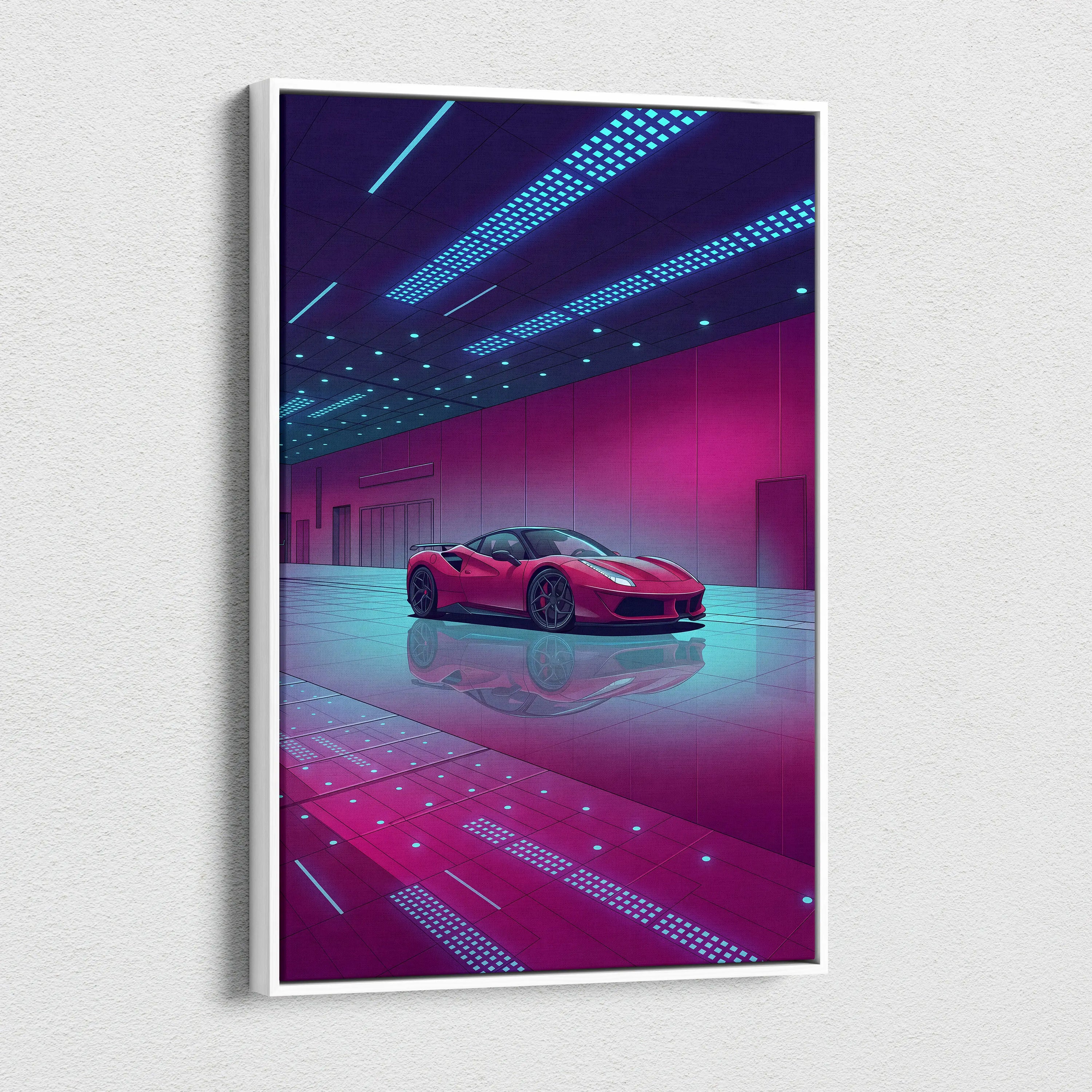 Ferrari 458 Italia Inspired Red Purple Canvas Wall Art, Vaporwave Supercar Artwork, Neon Garage Decor, Retro Futuristic Exotic Print