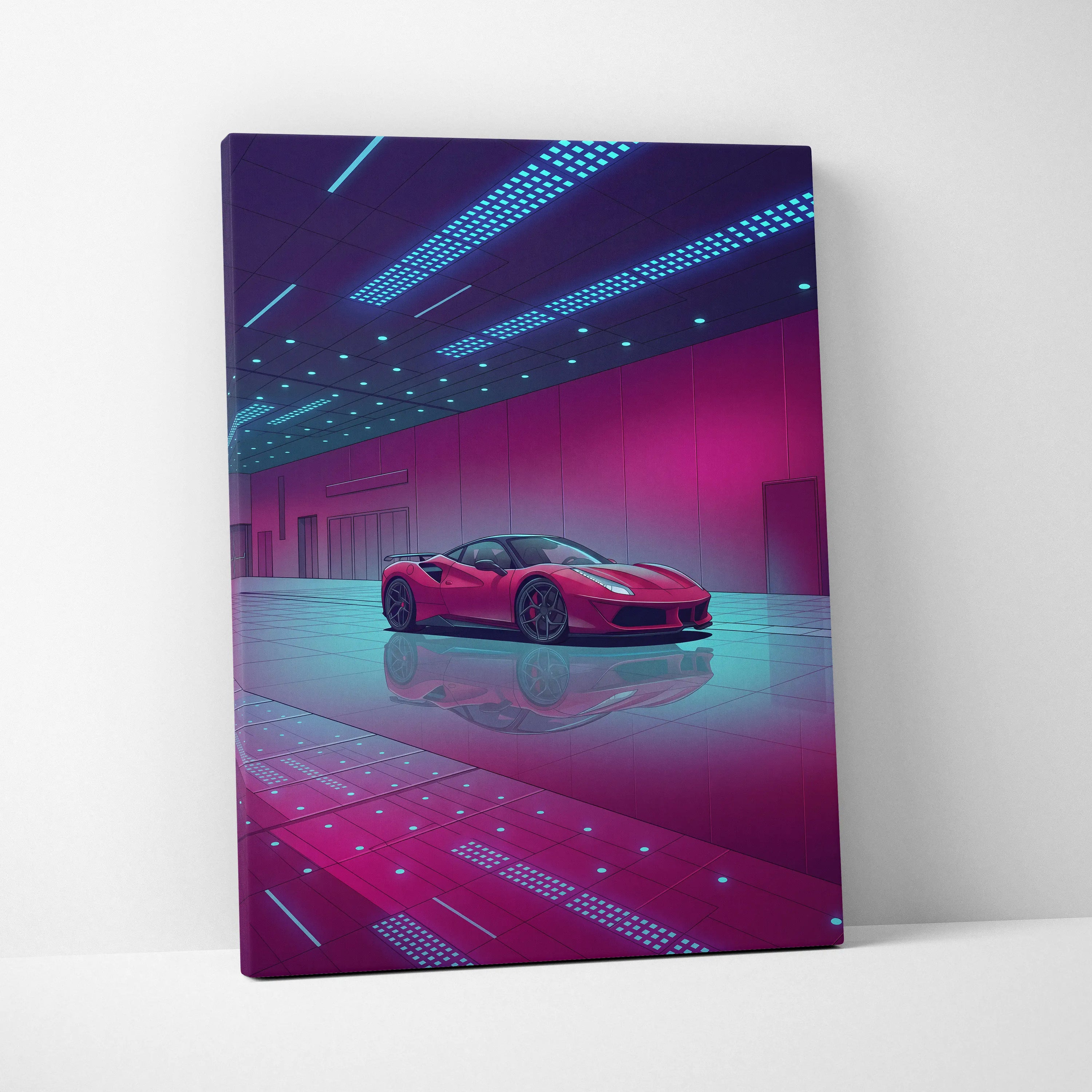 Ferrari 458 Italia Inspired Red Purple Canvas Wall Art, Vaporwave Supercar Artwork, Neon Garage Decor, Retro Futuristic Exotic Print