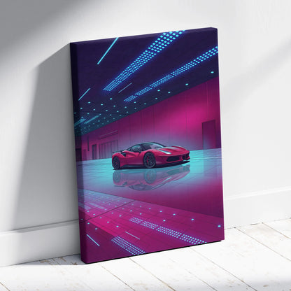 Ferrari 458 Italia Inspired Red Purple Canvas Wall Art, Vaporwave Supercar Artwork, Neon Garage Decor, Retro Futuristic Exotic Print