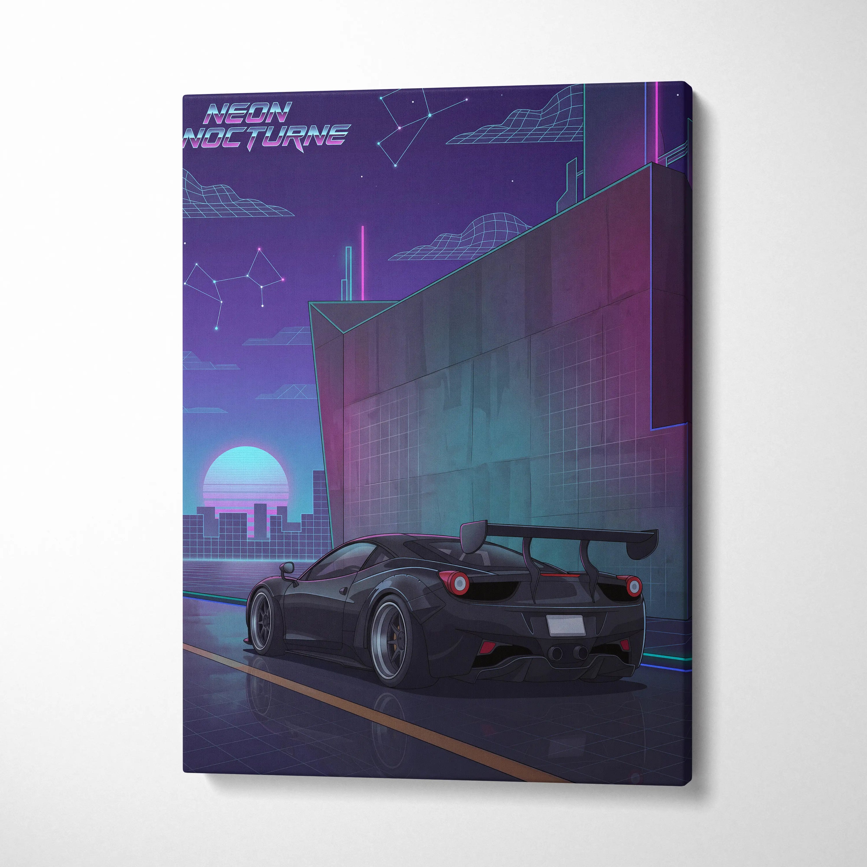 Ferrari 458 Inspired Black Purple Canvas Wall Art, Vaporwave Widebody Supercar Artwork, Neon City Garage Decor, Retro Futuristic Exotic Print