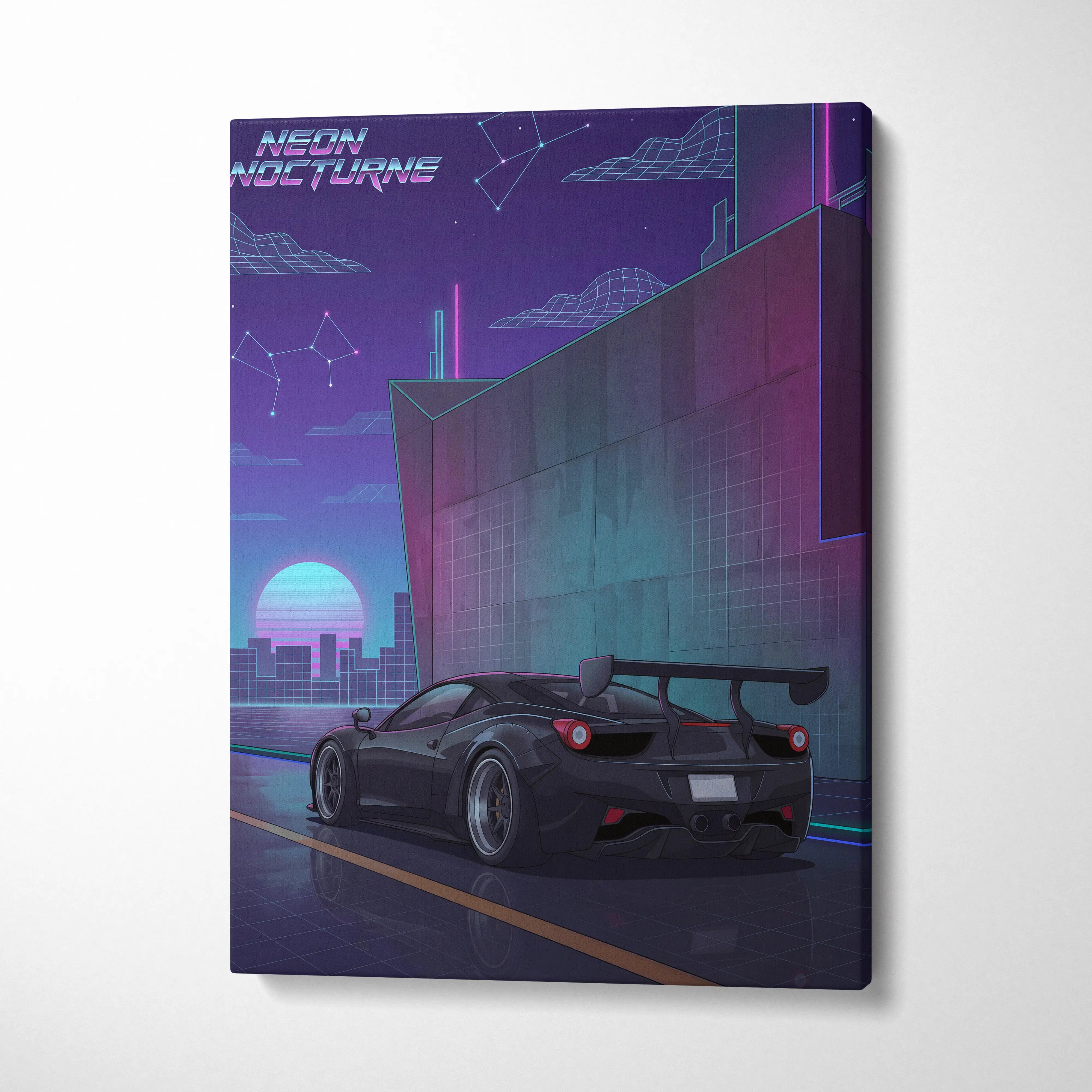 Ferrari 458 Inspired Black Purple Canvas Wall Art, Vaporwave Widebody Supercar Artwork, Neon City Garage Decor, Retro Futuristic Exotic Print