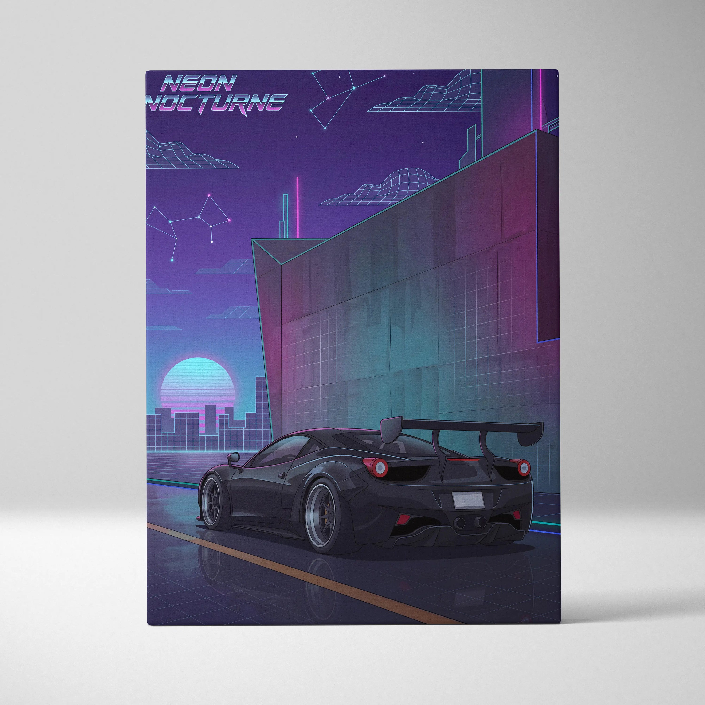 Ferrari 458 Inspired Black Purple Canvas Wall Art, Vaporwave Widebody Supercar Artwork, Neon City Garage Decor, Retro Futuristic Exotic Print