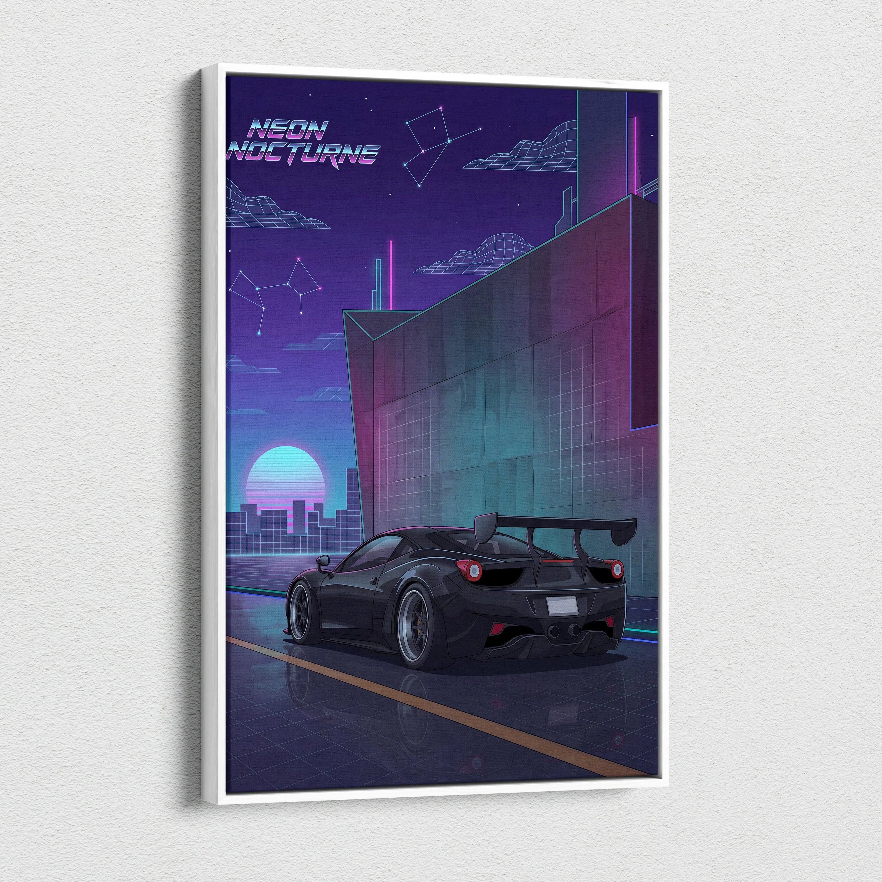 Ferrari 458 Inspired Black Purple Canvas Wall Art, Vaporwave Widebody Supercar Artwork, Neon City Garage Decor, Retro Futuristic Exotic Print