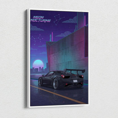 Ferrari 458 Inspired Black Purple Canvas Wall Art, Vaporwave Widebody Supercar Artwork, Neon City Garage Decor, Retro Futuristic Exotic Print