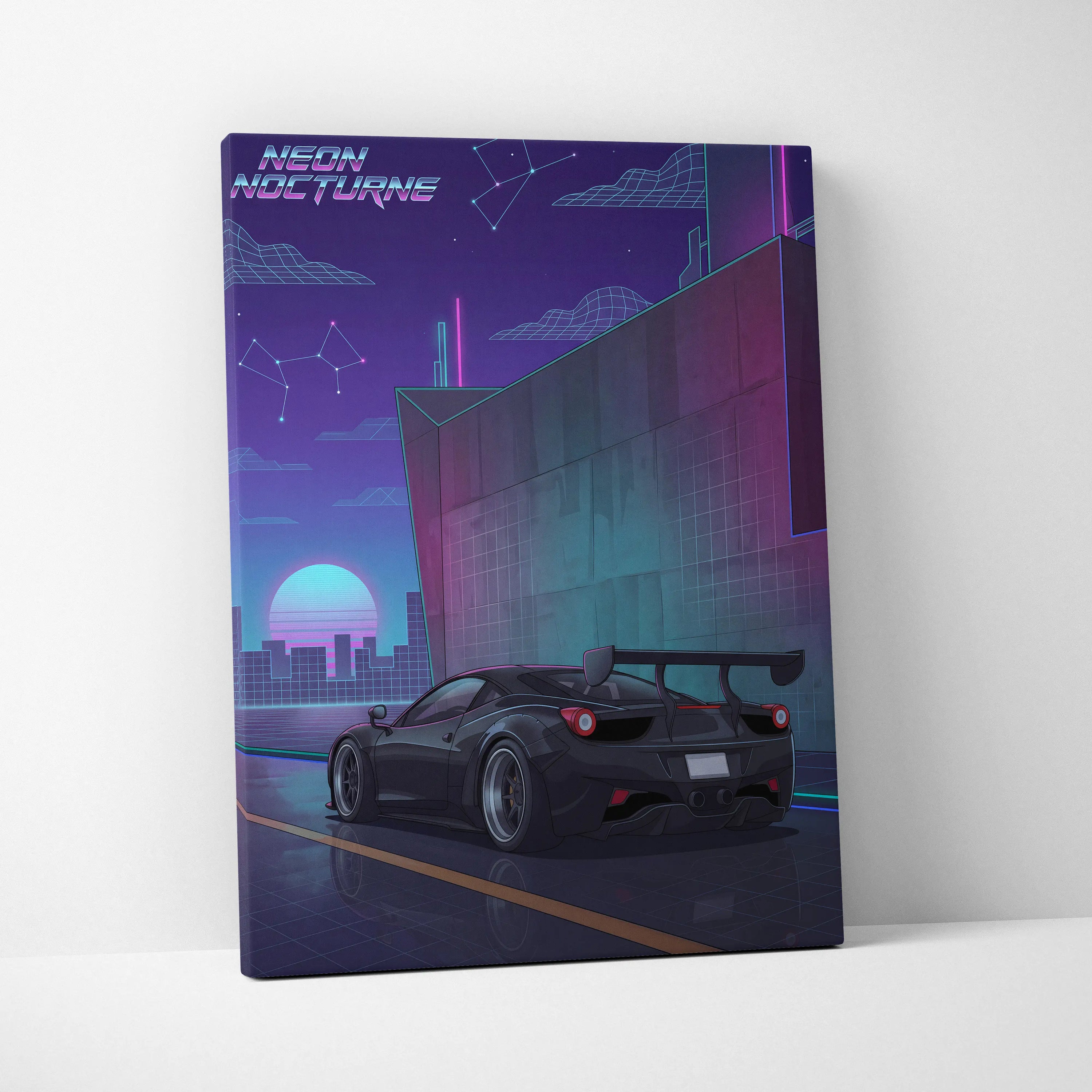 Ferrari 458 Inspired Black Purple Canvas Wall Art, Vaporwave Widebody Supercar Artwork, Neon City Garage Decor, Retro Futuristic Exotic Print