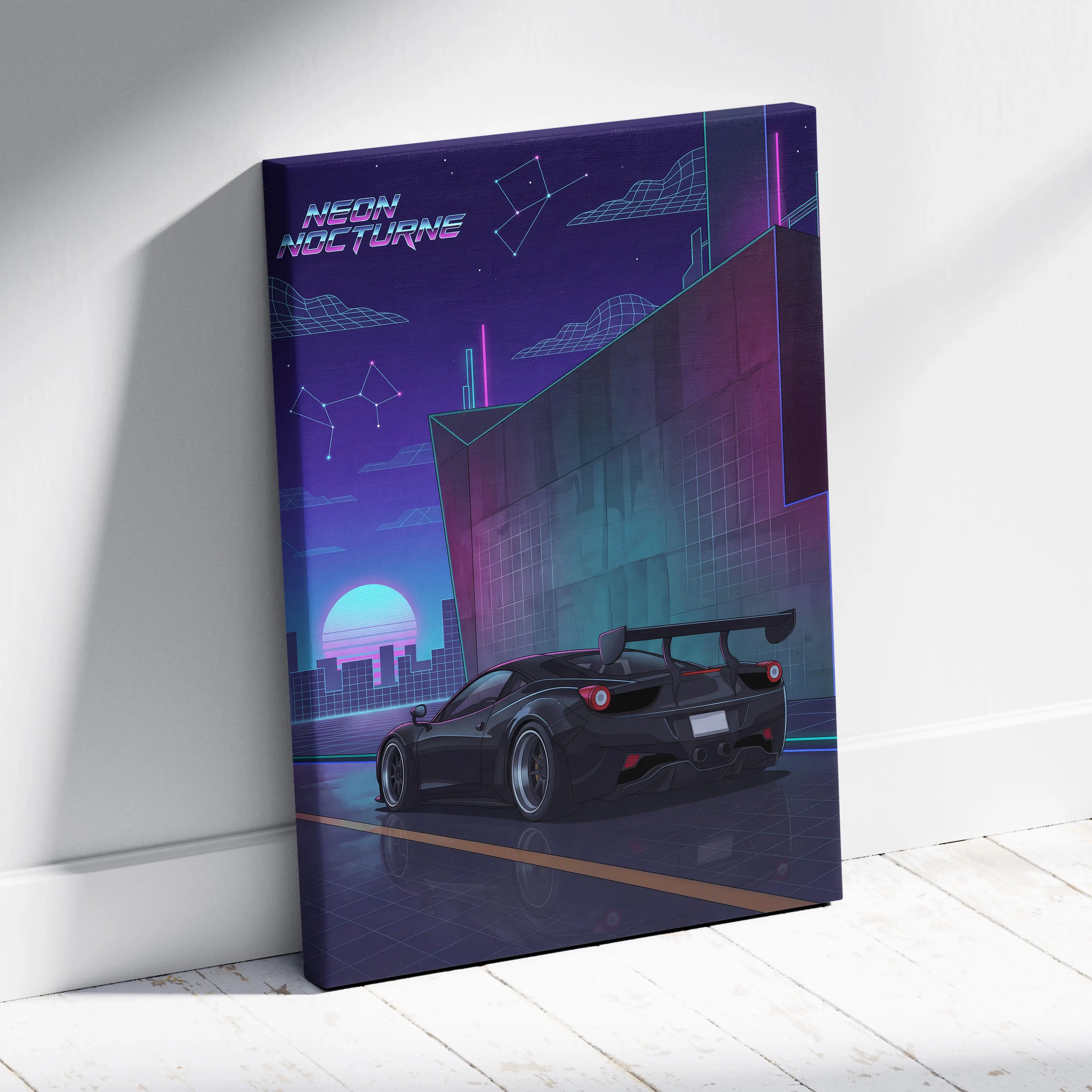 Ferrari 458 Inspired Black Purple Canvas Wall Art, Vaporwave Widebody Supercar Artwork, Neon City Garage Decor, Retro Futuristic Exotic Print